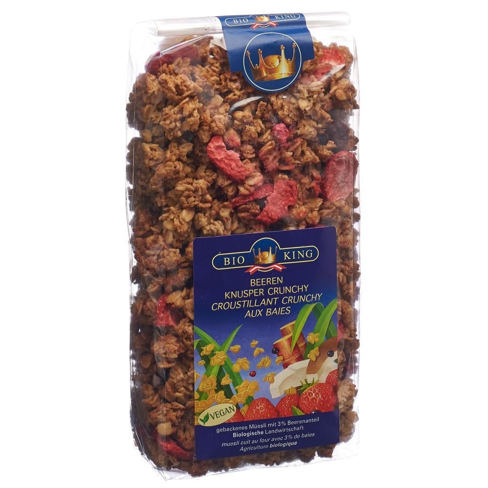 BIO KING Knusper Crunchy Beeren Müsli in transparenter Verpackung mit Beeren und Getreide.