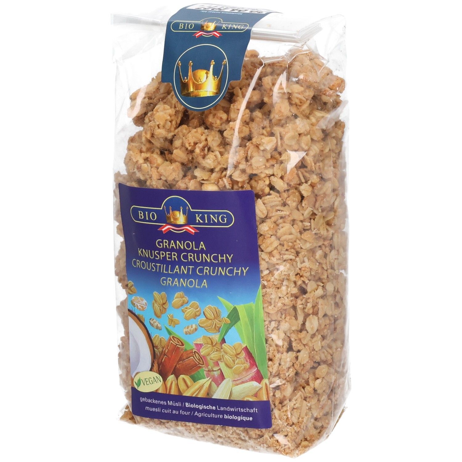 BIO KING Granola Knusper Crunchy: Beutel mit knusprigem Müsli, Kokosnuss, Zimt und Nüssen.