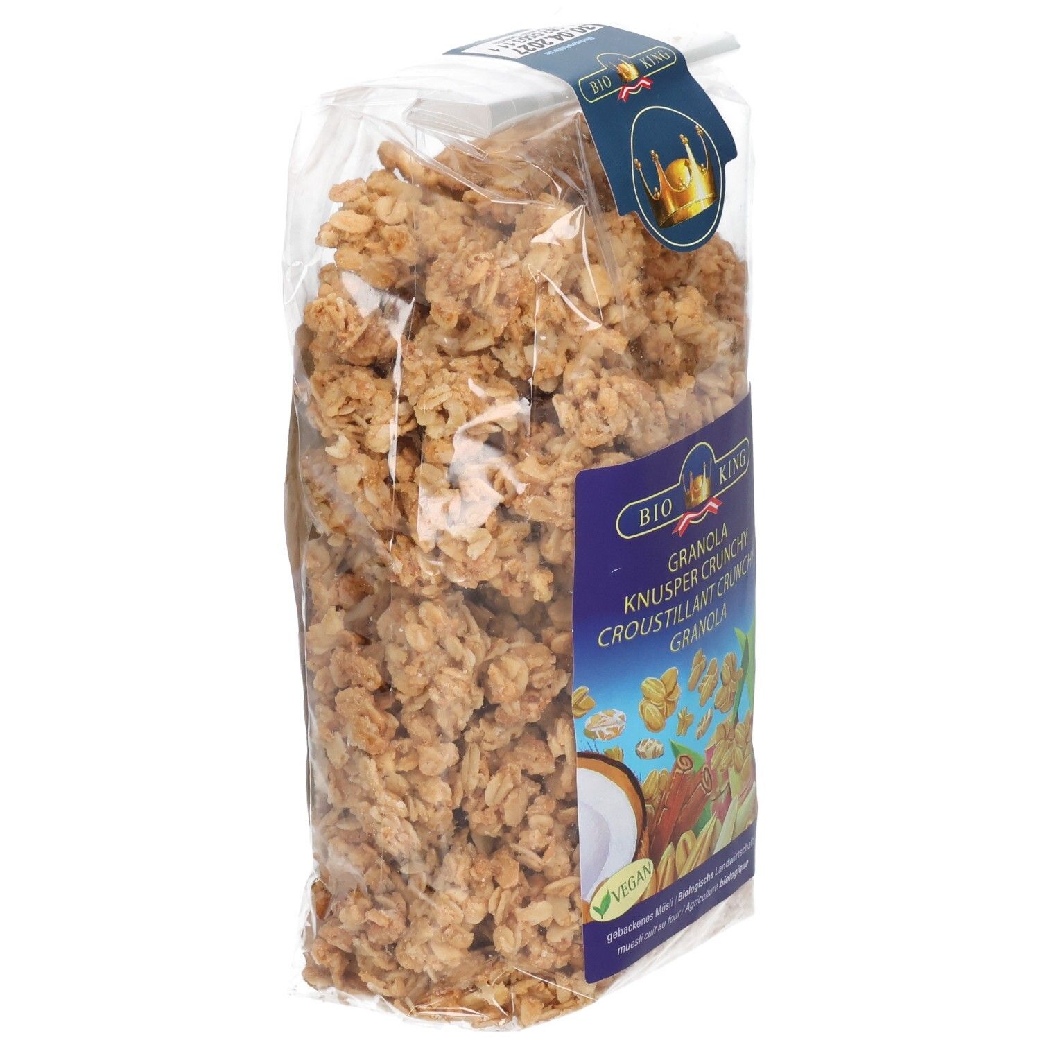 BIO KING Granola Knusper Crunchy: Beutel mit knusprigem Müsli, Kokosnuss, Zimt und Nüssen.