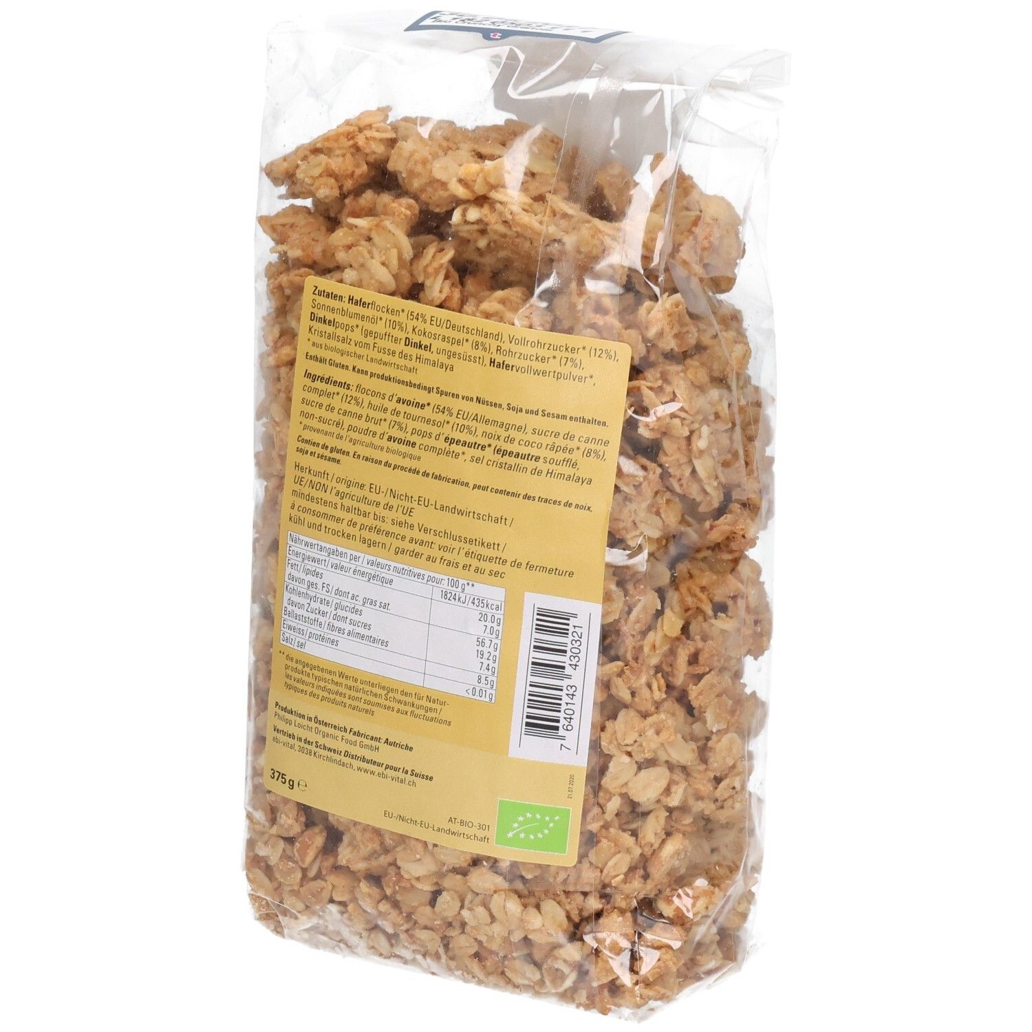 BIO KING Granola Knusper Crunchy: Rückseite des Beutels mit Nährwertangaben und Zutatenliste.