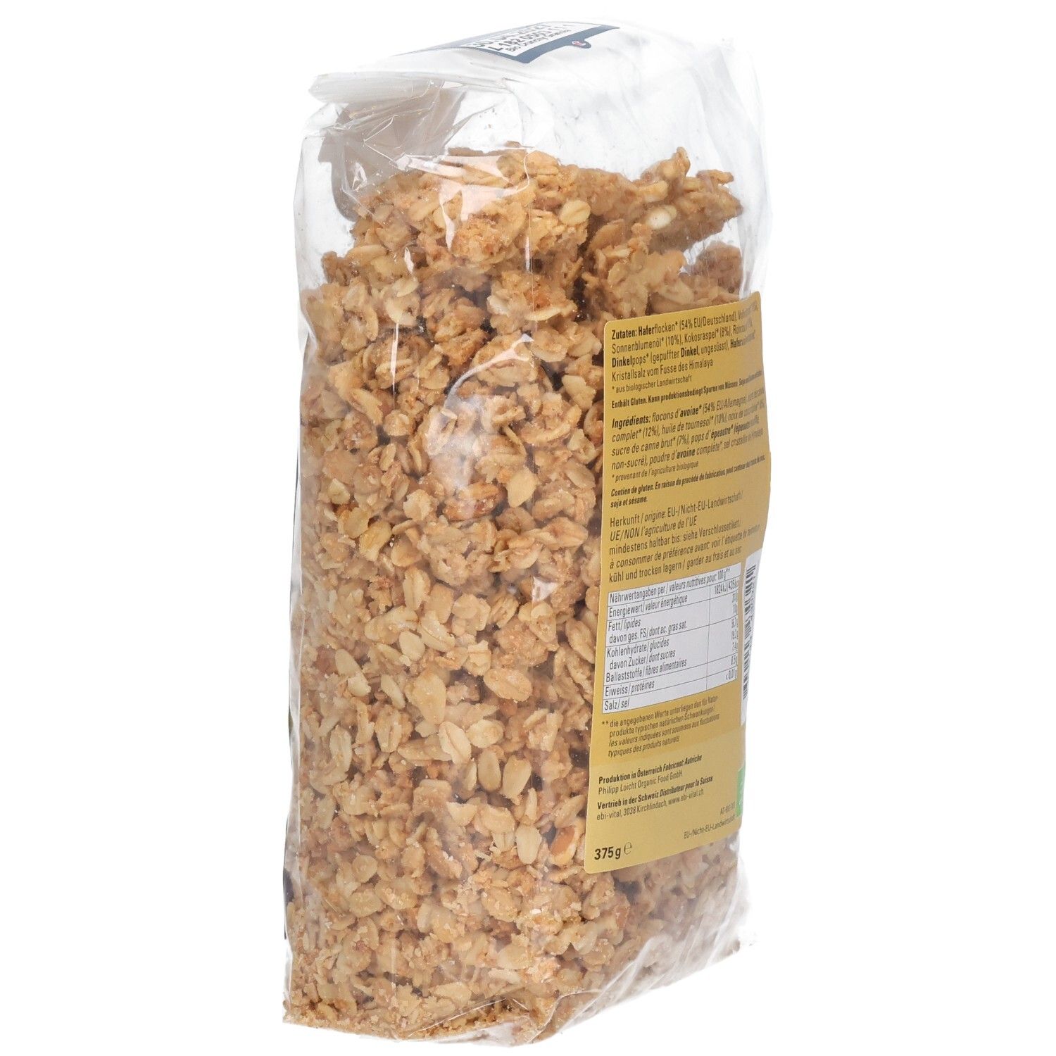 BIO KING Granola Knusper Crunchy: Rückseite des Beutels mit Nährwertangaben und Zutatenliste.