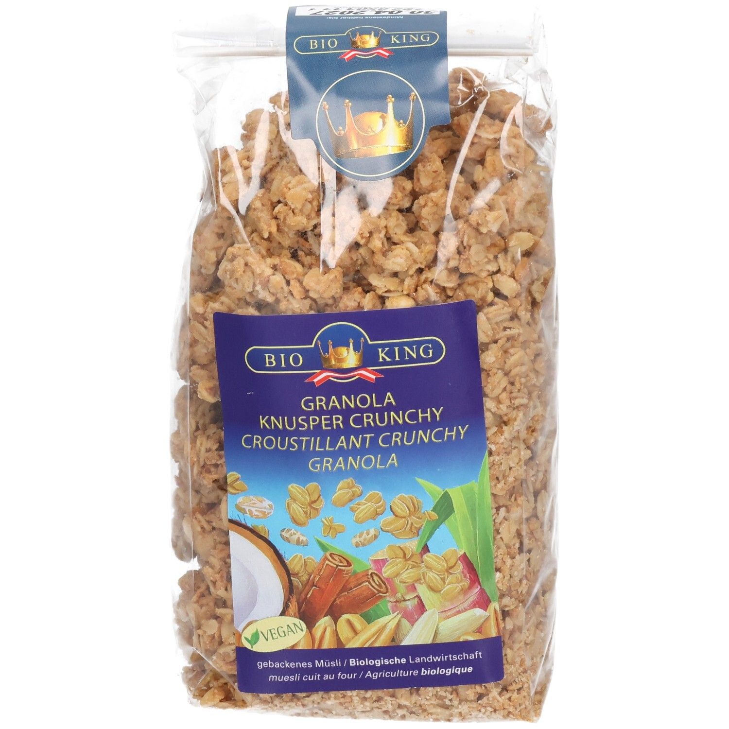 BIO KING Granola Knusper Crunchy: Beutel mit knusprigem Müsli, Kokosnuss, Zimt und Nüssen.