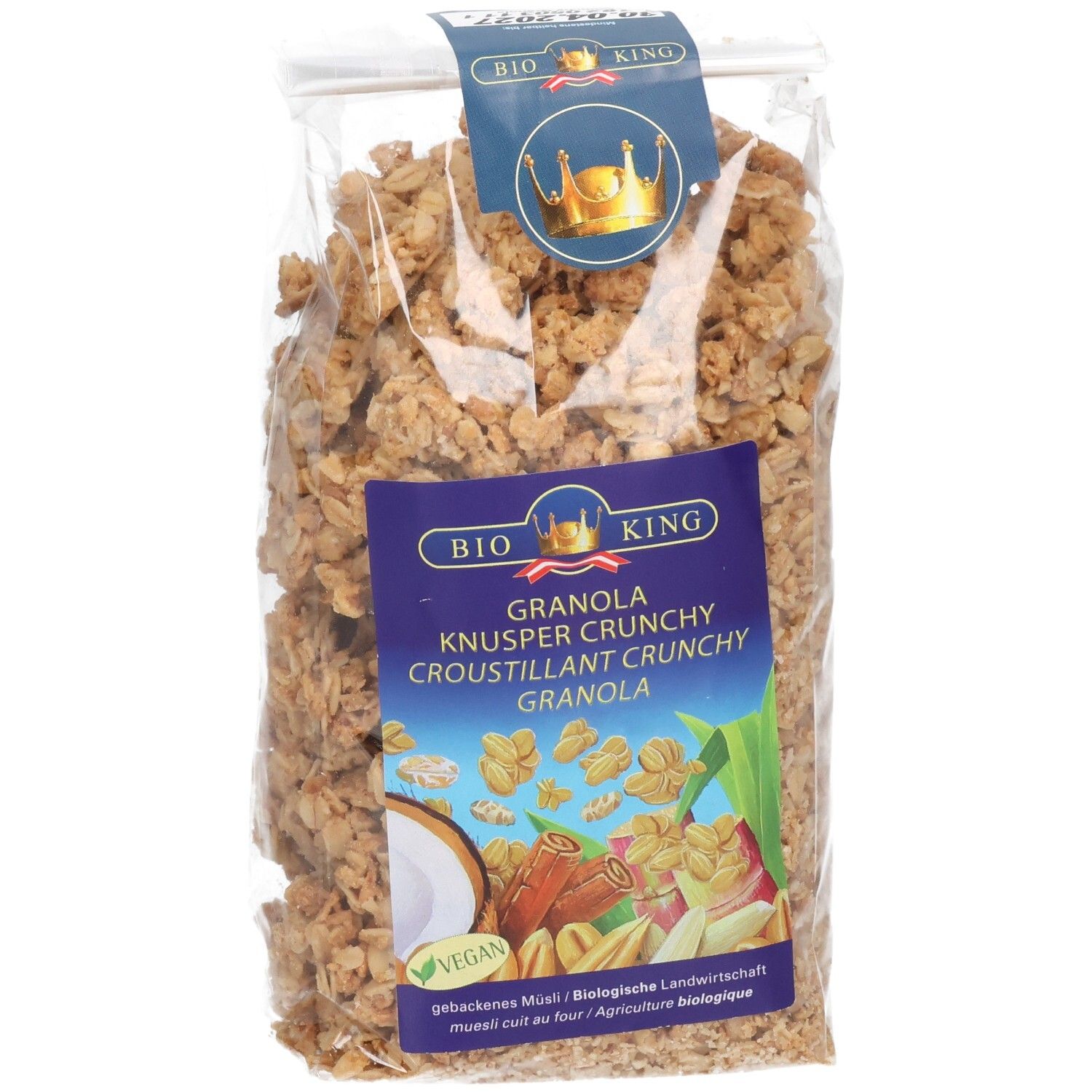 BIO KING Granola Knusper Crunchy: Beutel mit knusprigem Müsli, Kokosnuss, Zimt und Nüssen.