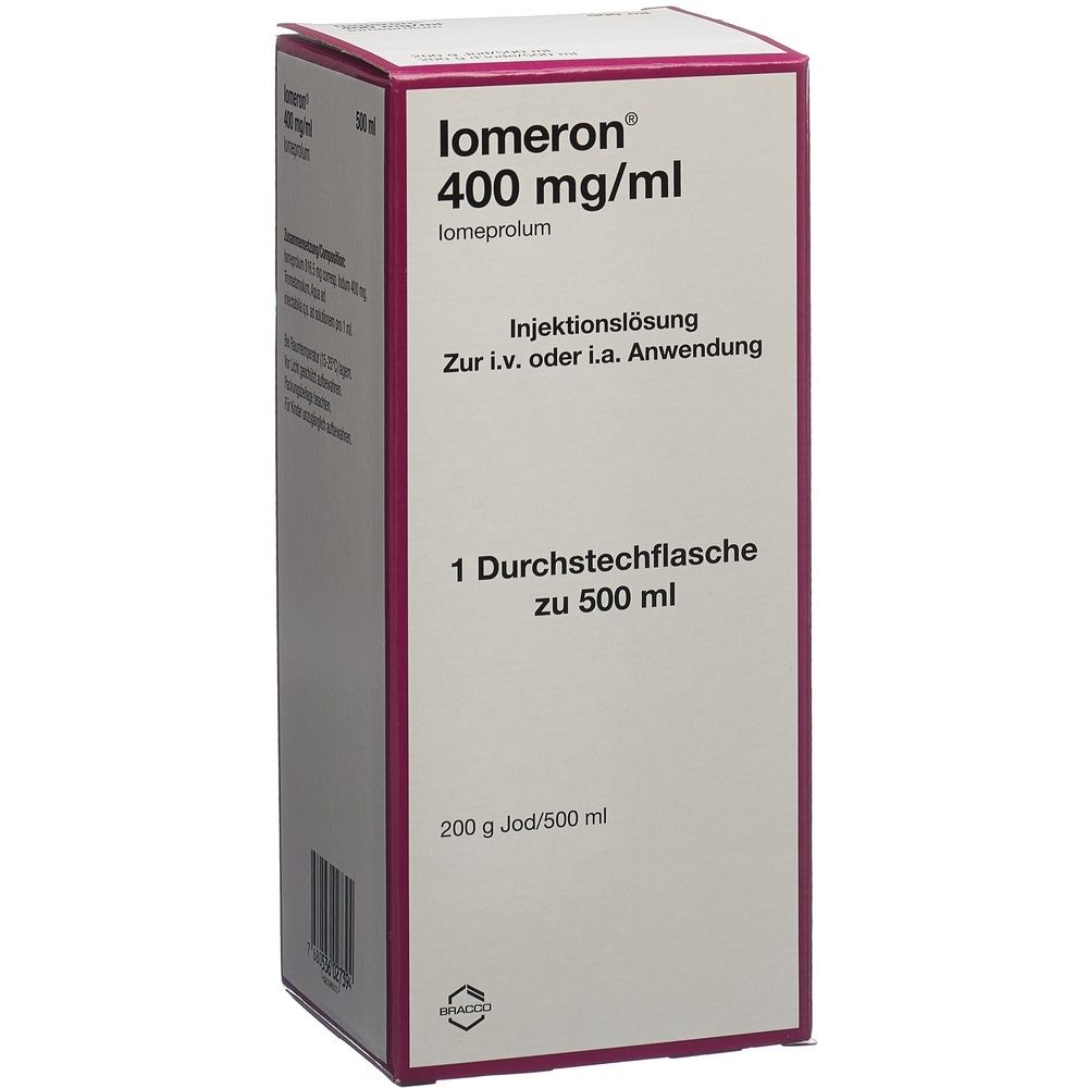 Karton mit Produktinformationen. Beschriftung: Iomeron 400 mg/ml, Injektionslösung, 1 Durchstechflasche zu 500 ml. Lila und weiße Farbgebung.