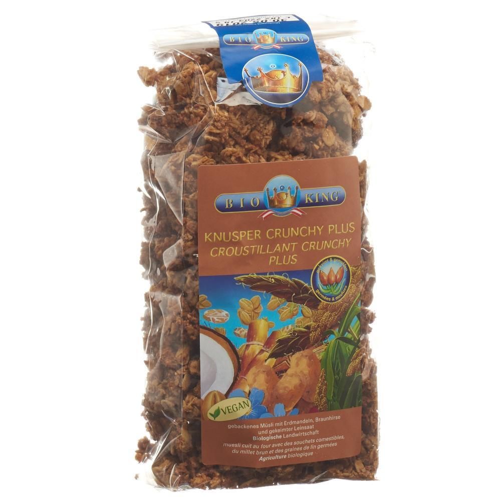 BIO KING Knusper Crunchy Plus Müsli in transparenter Verpackung. Mit Kronen-Logo und veganem Siegel.
