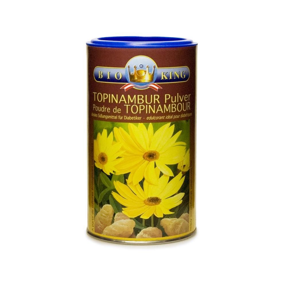 BIO KING Topinambur Pulver Dose mit gelben Blüten und Wurzeln.