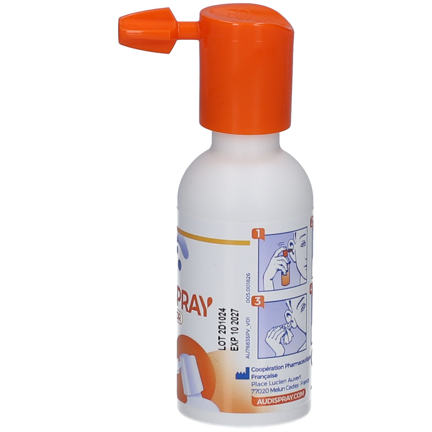 Weiße Flasche mit orangefarbenem Sprühkopf. Illustrationen zur Anwendung. Text: AUDISPRAY, LOT und EXP.