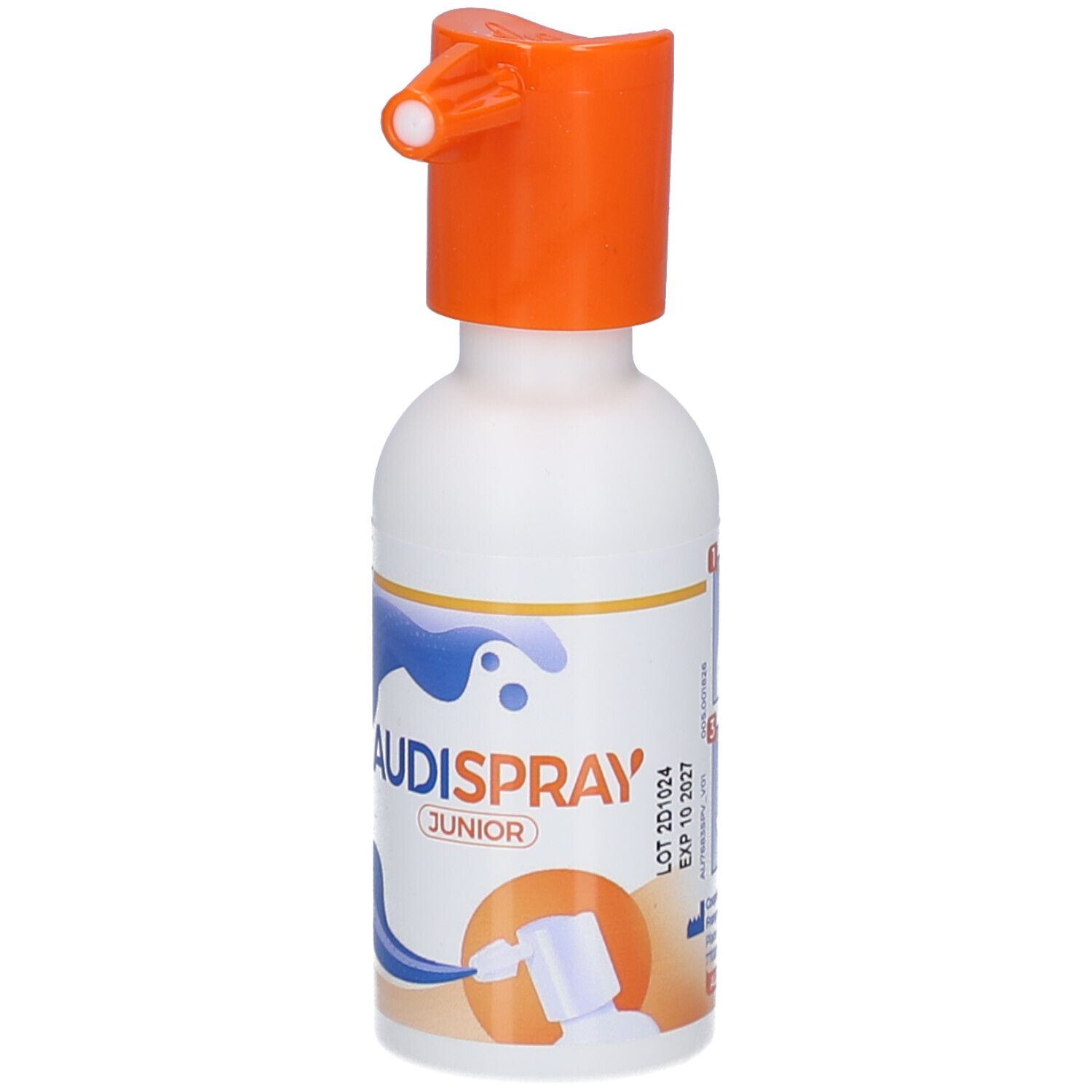 Weiße Flasche mit orangefarbenem Sprühkopf. Text: AUDISPRAY JUNIOR. Abbildung des Sprühkopfes.