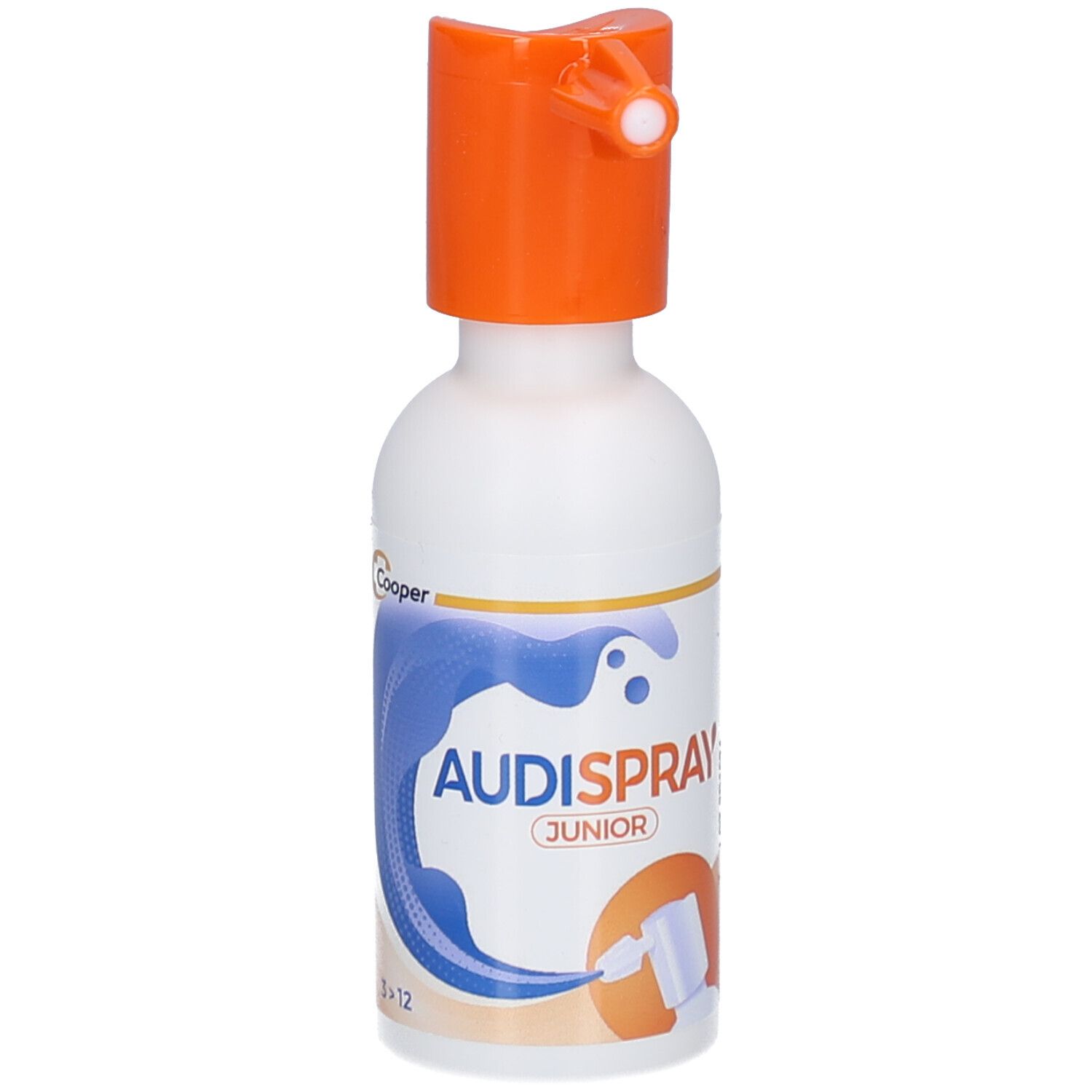 Weiße Flasche mit orangefarbenem Sprühkopf. Text: Cooper, AUDISPRAY JUNIOR. Abbildung des Sprühkopfes.