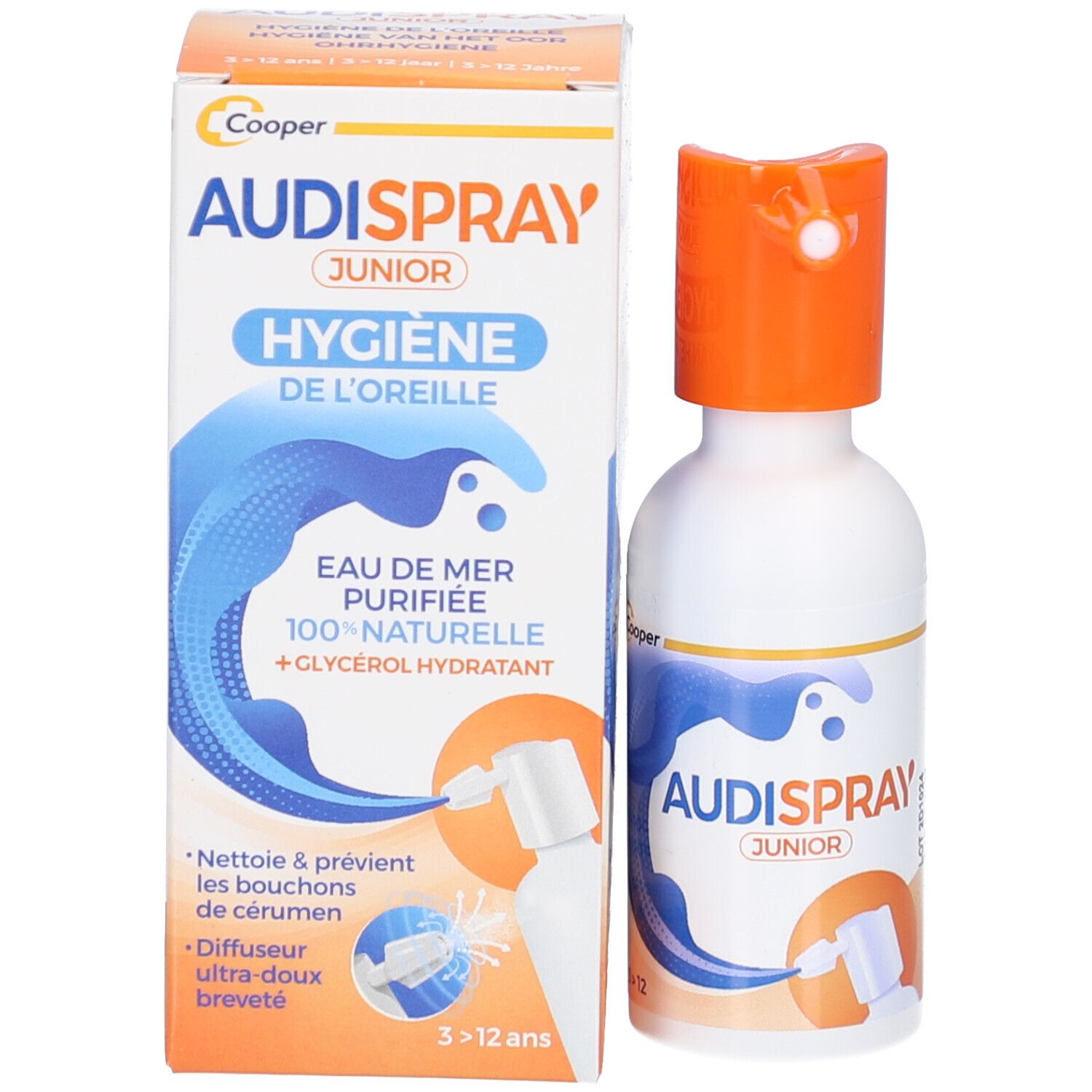 Produktverpackung und Flasche. Verpackung: Cooper, AUDISPRAY JUNIOR, Hygiene de l'oreille. Flasche: weiß mit orangefarbenem Sprühkopf.