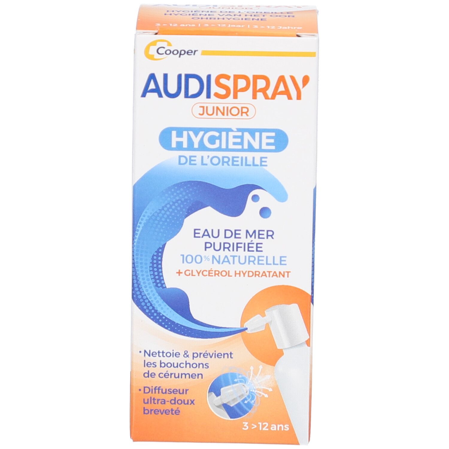 Produktverpackung. Text: Cooper, AUDISPRAY JUNIOR, Hygiene de l'oreille, Eau de mer purifiée. Illustration des Sprays.