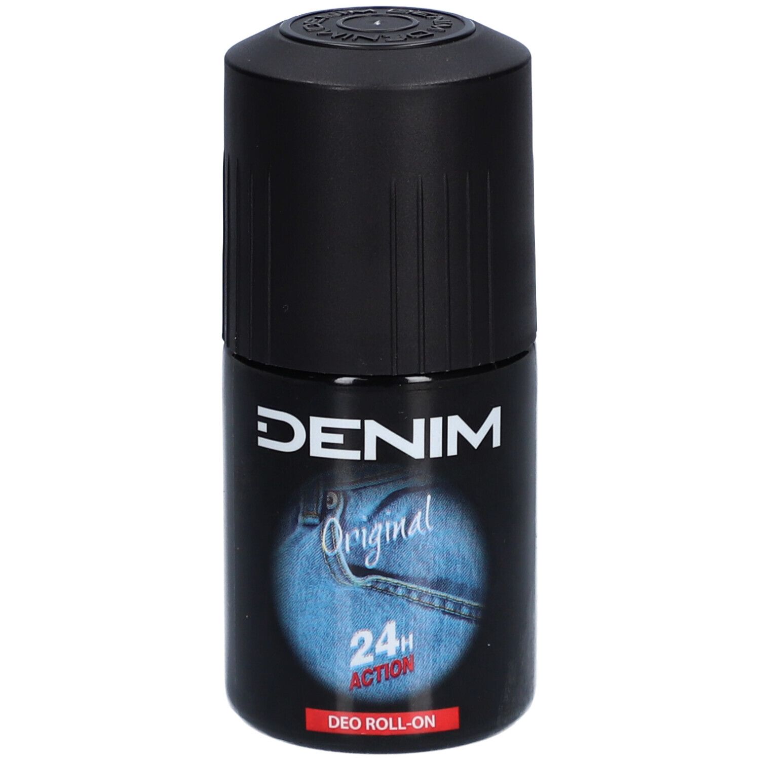 Schwarzer Deoroller mit weißem Schriftzug DENIM, blauem Jeans-Design und 24H Action. DEO ROLL-ON.