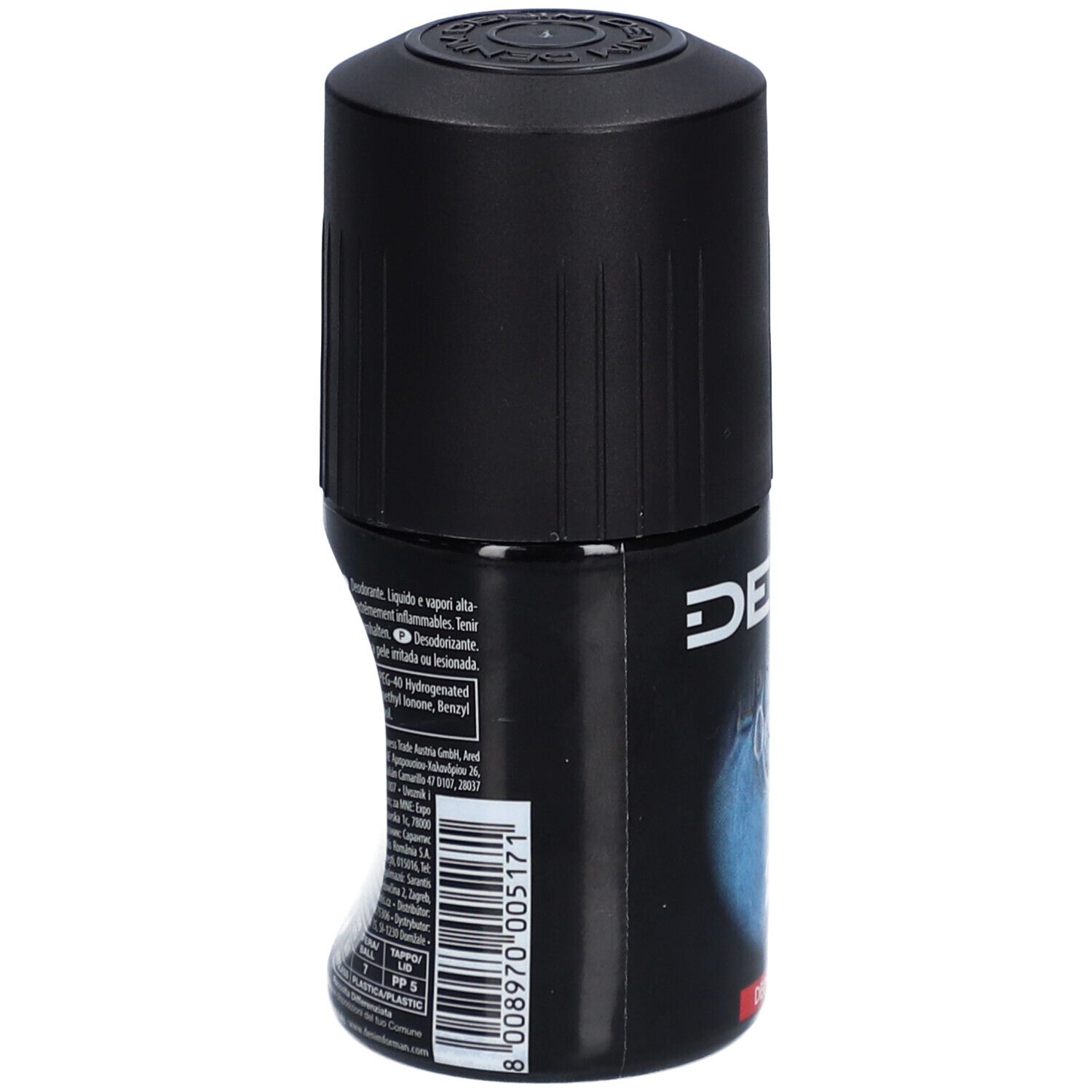 Schwarzer Deoroller. Rückseite mit Text in mehreren Sprachen, Barcode und Inhaltsangaben. 50 ml.