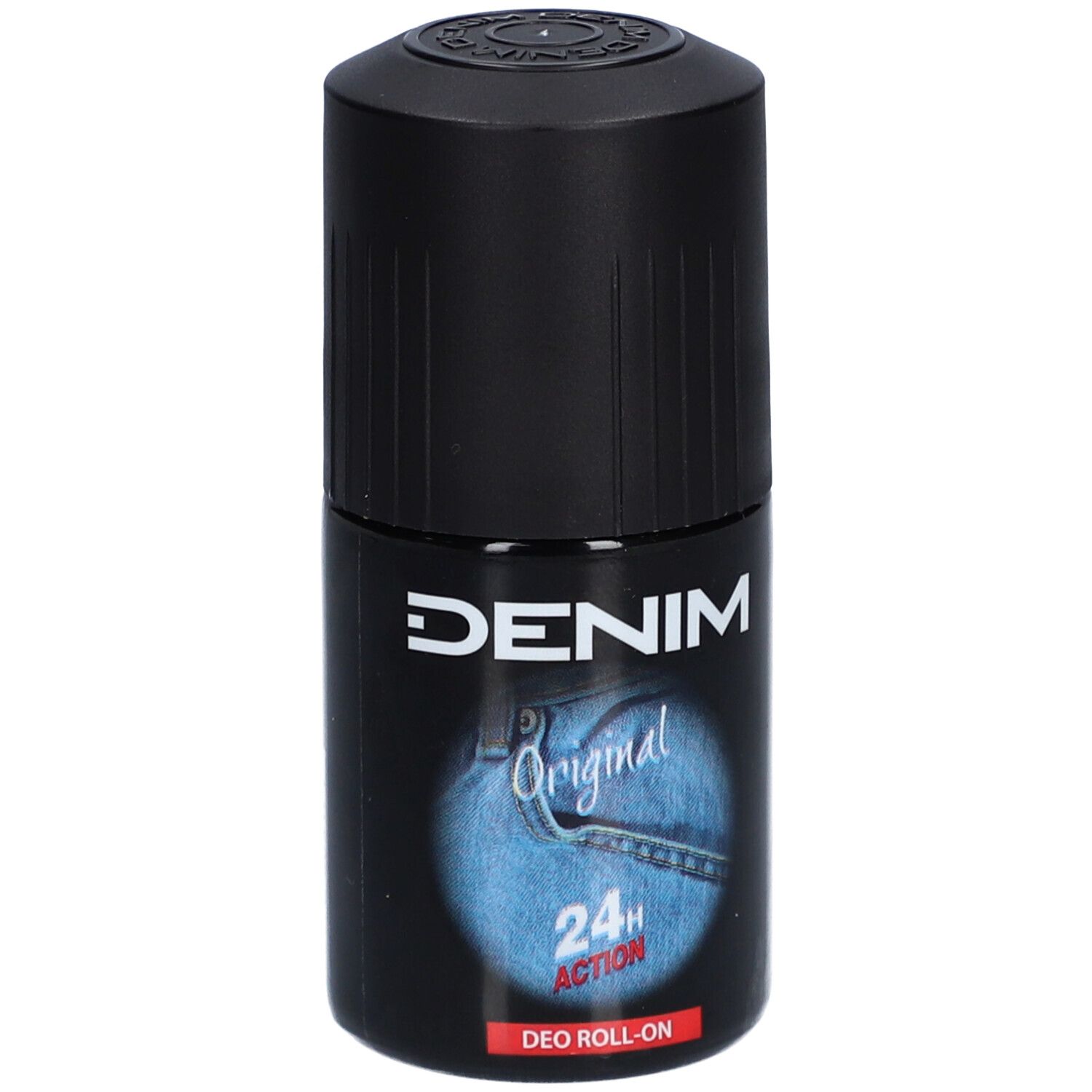 Schwarzer Deoroller mit weißem Schriftzug DENIM, blauem Jeans-Design und 24H Action. DEO ROLL-ON.
