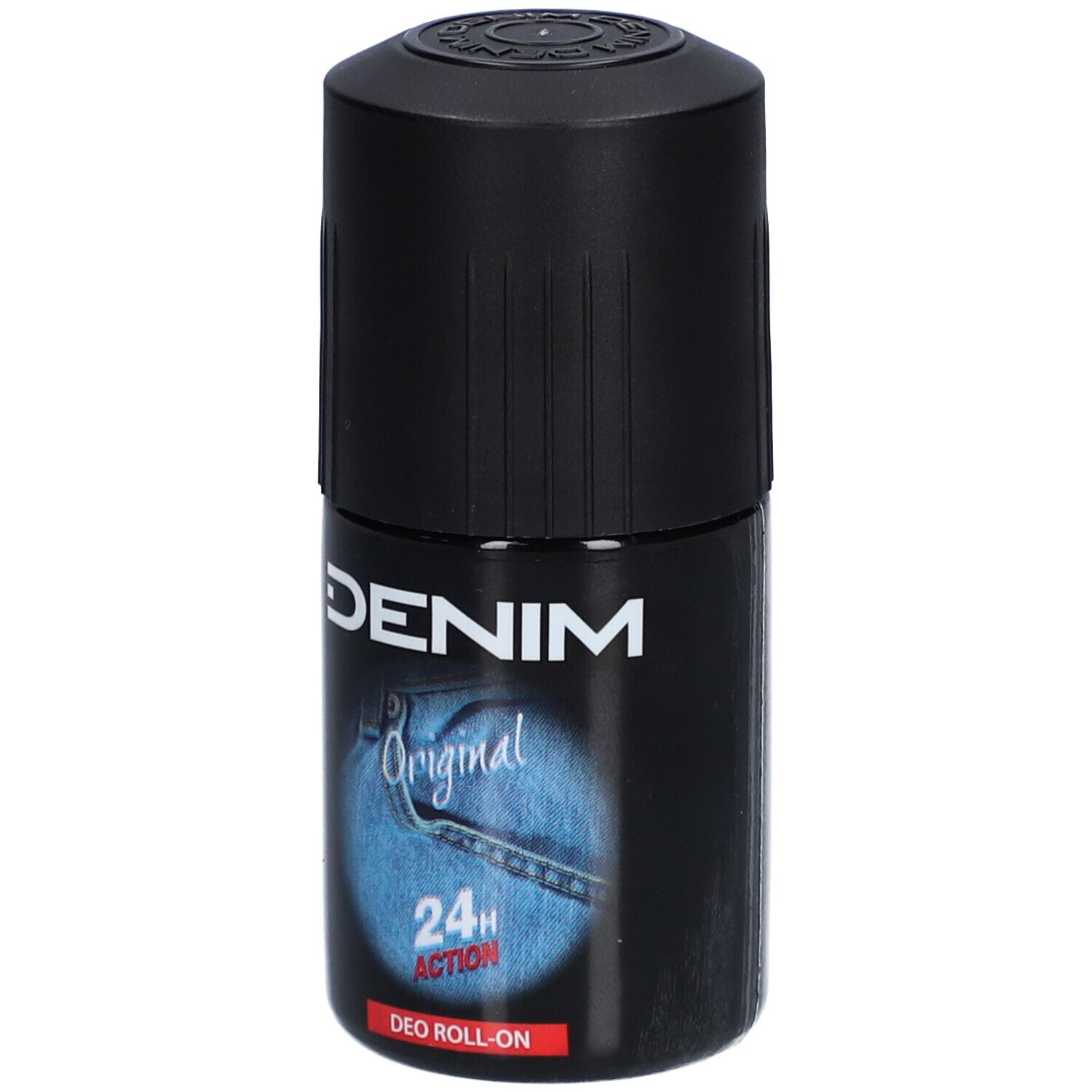 Schwarzer Deoroller mit weißem Schriftzug DENIM, blauem Jeans-Design und 24H Action. DEO ROLL-ON.