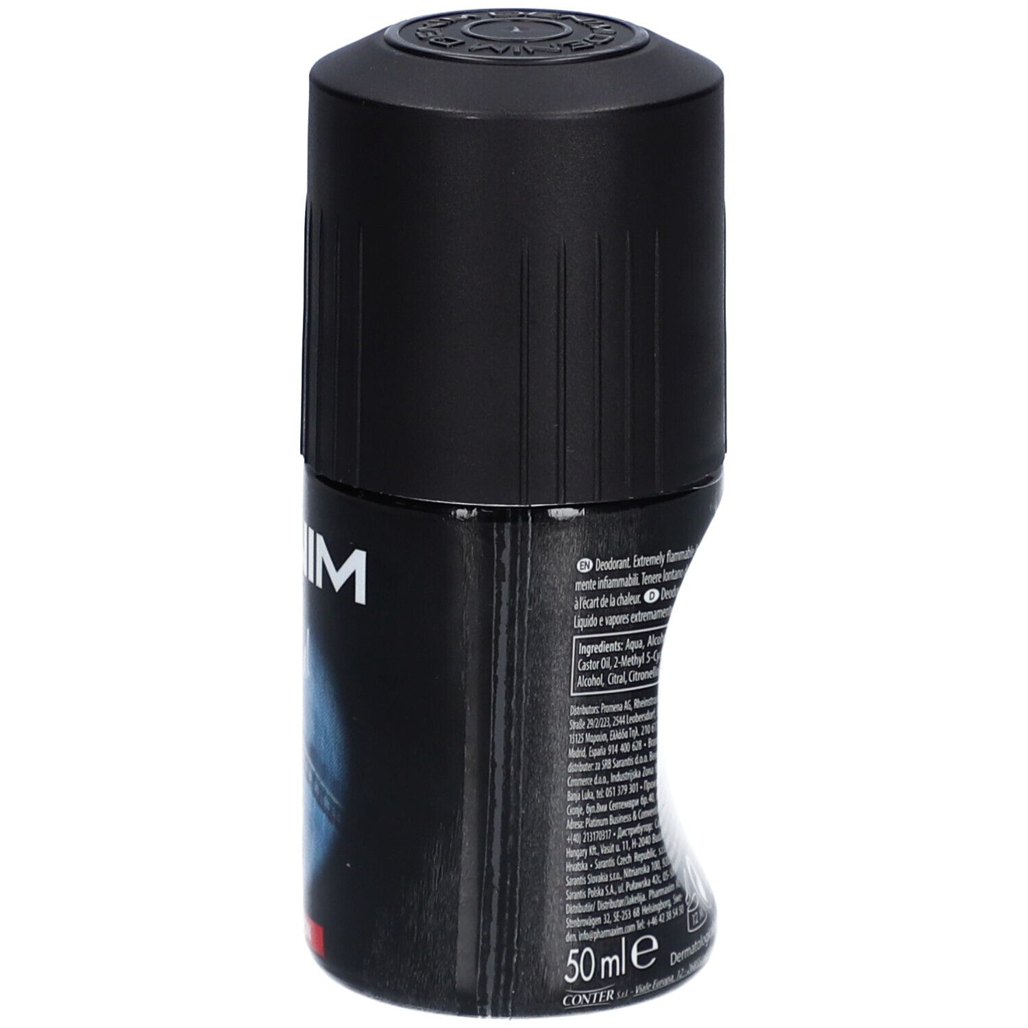 Schwarzer Deoroller mit weißem Schriftzug DENIM und blauem Jeans-Design. 50 ml. Dermatologisch getestet.