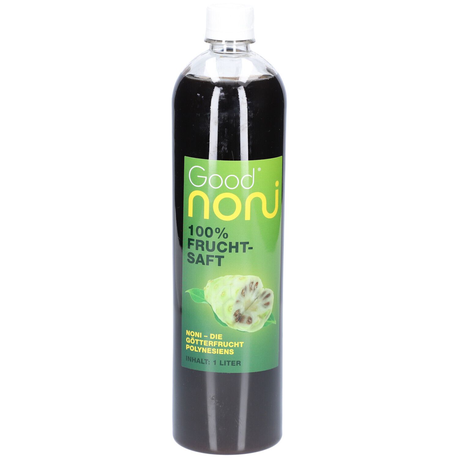 Bouteille avec étiquette verte. Inscription : Good Noni, 100% jus de fruits. Illustration d'un fruit de noni.