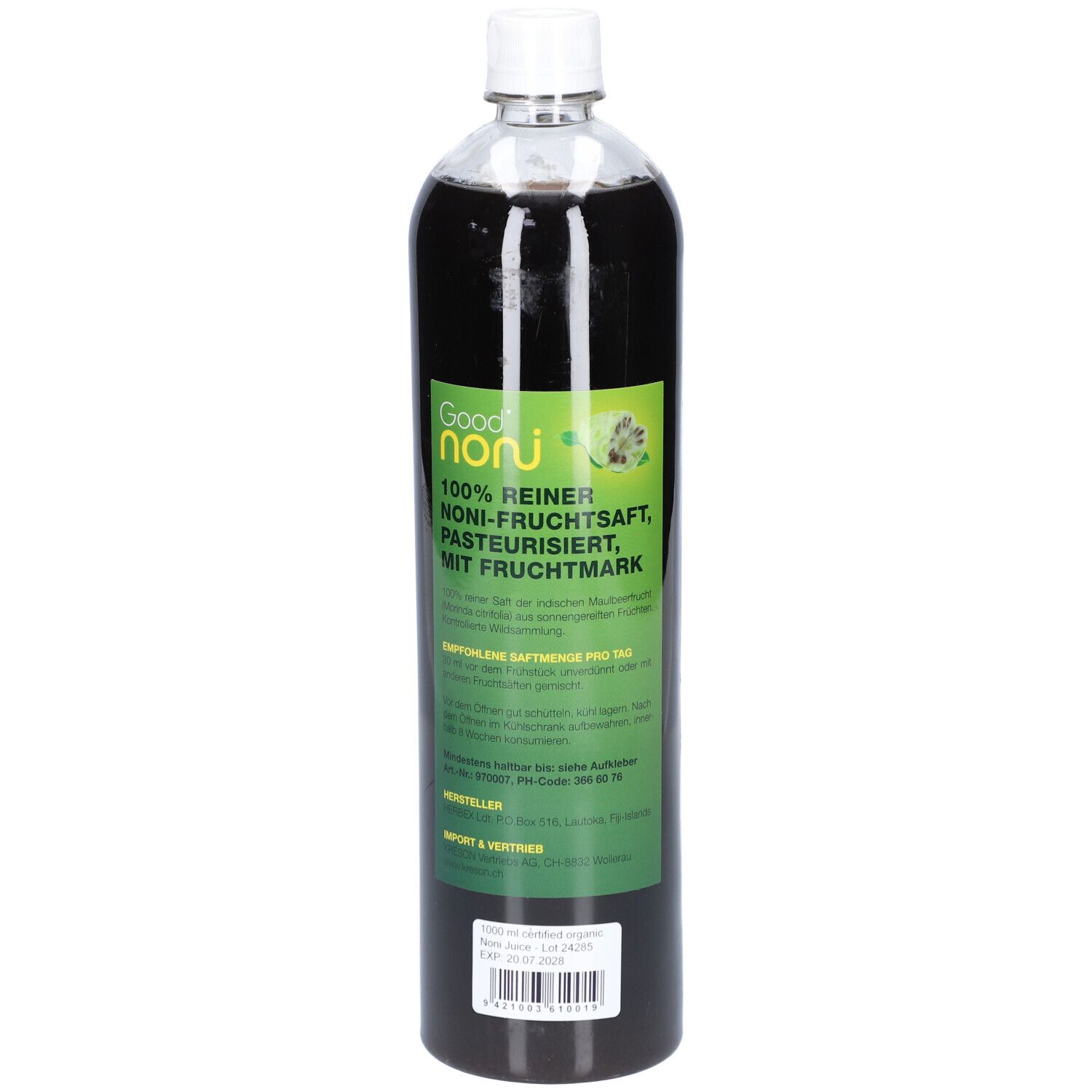 Bouteille avec étiquette verte. Inscription : Good Noni, 100% jus de noni pur. Texte et marque de fruit.