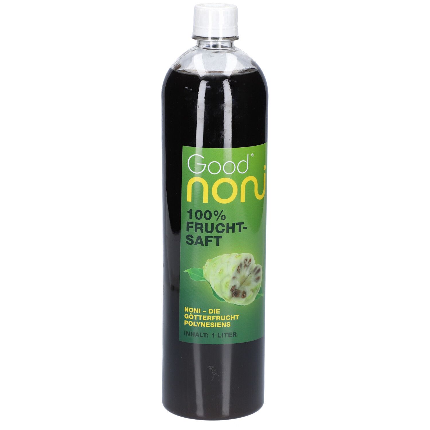Bouteille avec étiquette verte. Inscription : Good Noni, 100% jus de fruits. Illustration d'un fruit de noni.