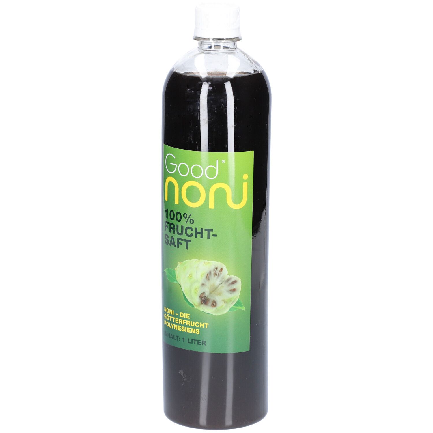 Bouteille avec étiquette verte. Inscription : Good Noni, 100% jus de fruits. Illustration d'un fruit de noni.