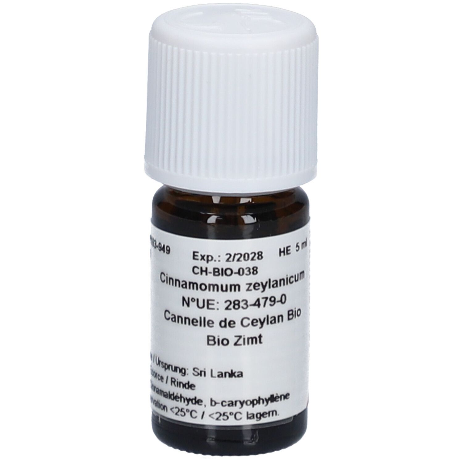 Flacon en verre brun avec bouchon blanc. Étiquette avec informations produit. HE 5 ml.