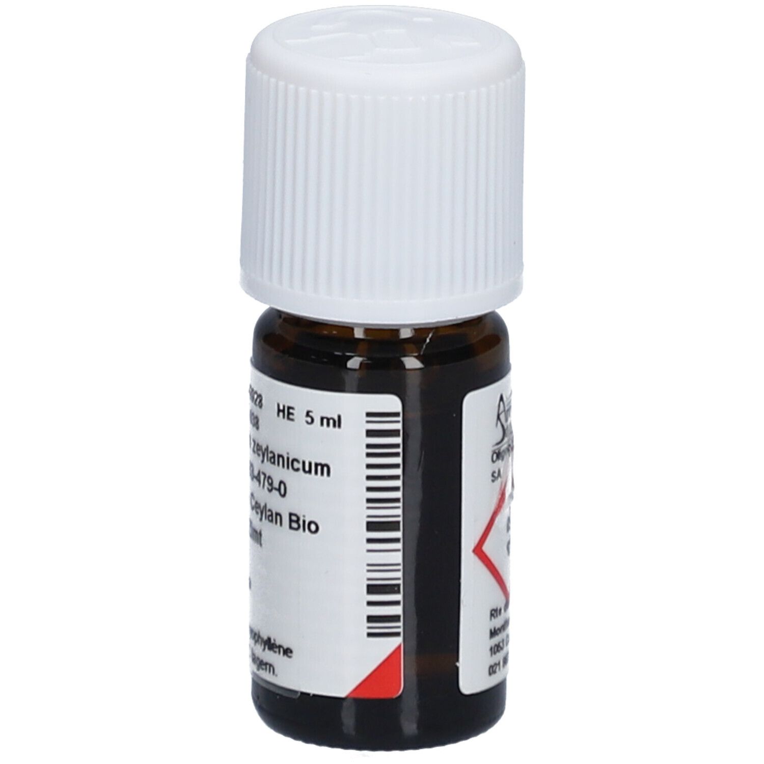 Flacon en verre brun avec bouchon blanc. Étiquette avec informations produit et code-barres. HE 5 ml.