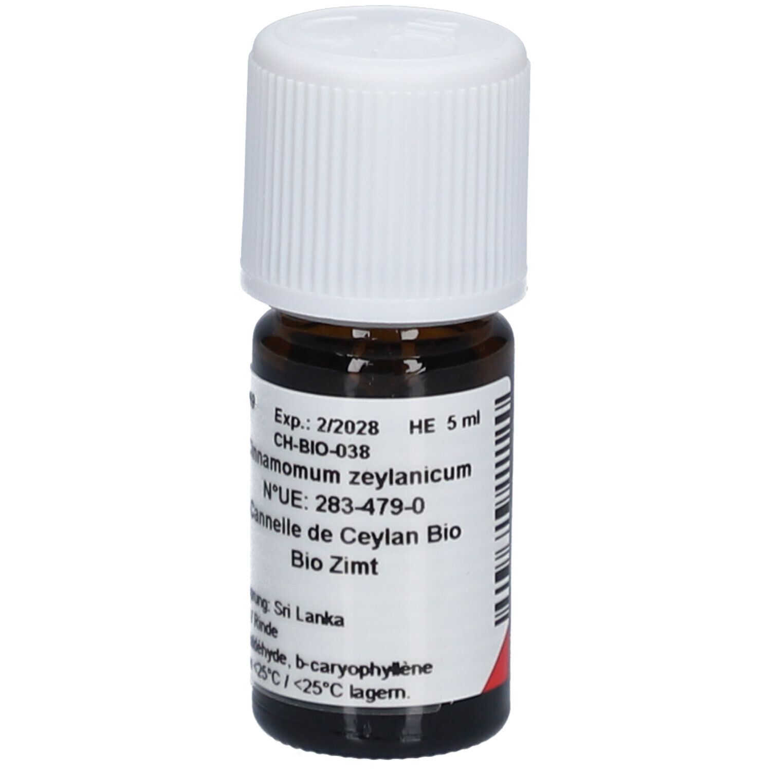 Flacon en verre brun avec bouchon blanc. Étiquette avec informations produit. HE 5 ml.