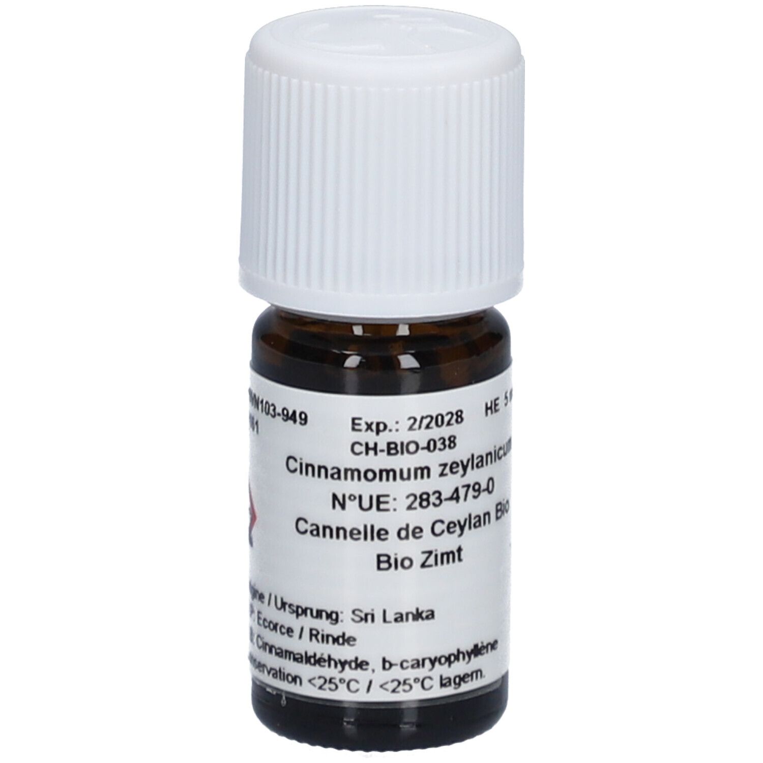 Flacon en verre brun avec bouchon blanc. Étiquette avec informations produit et symbole de danger. HE 5 ml.