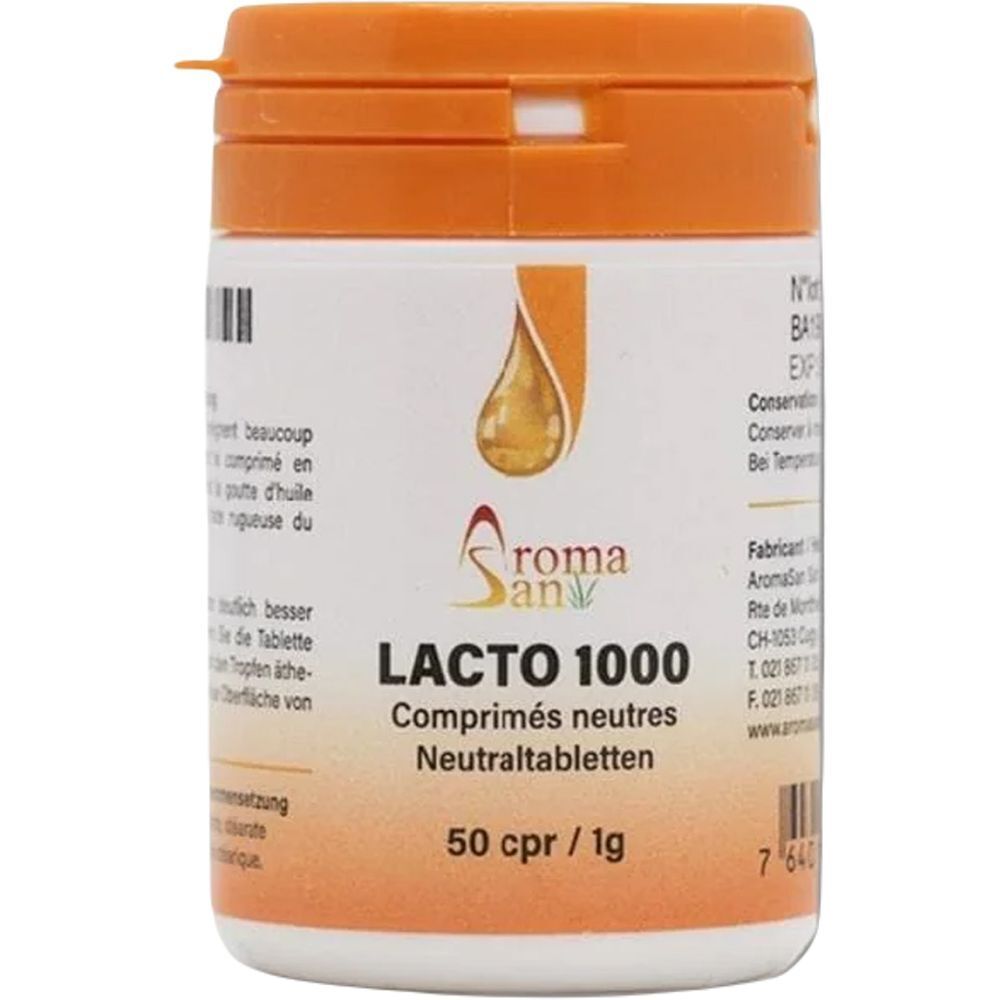 Weiße Dose mit orangefarbenem Deckel. Aufschrift: LACTO 1000, Comprimés neutres, Neutraltabletten. Tropfen-Logo. 50 cpr / 1g.