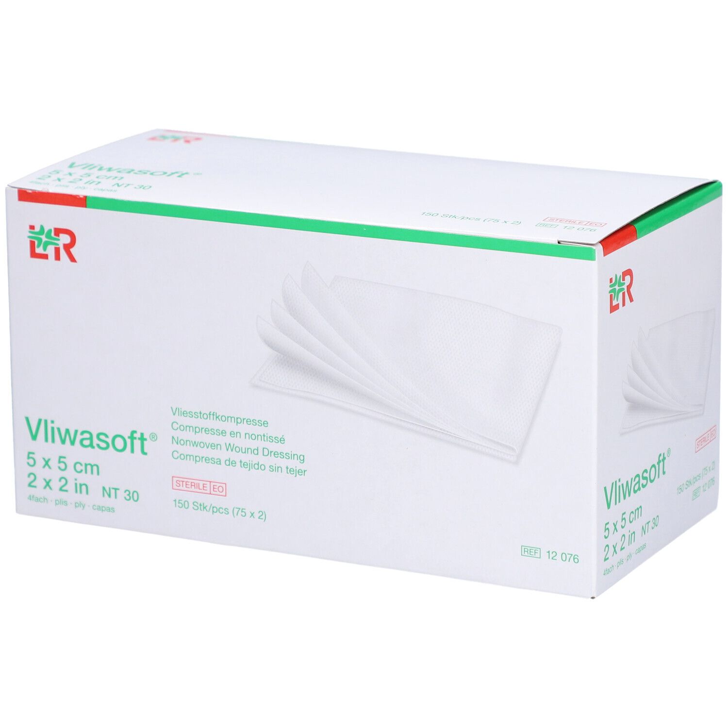 Boîte de compresses Vliwasoft. Compresses blanches visibles. Dimensions : 5x5 cm. Emballage avec détails verts.