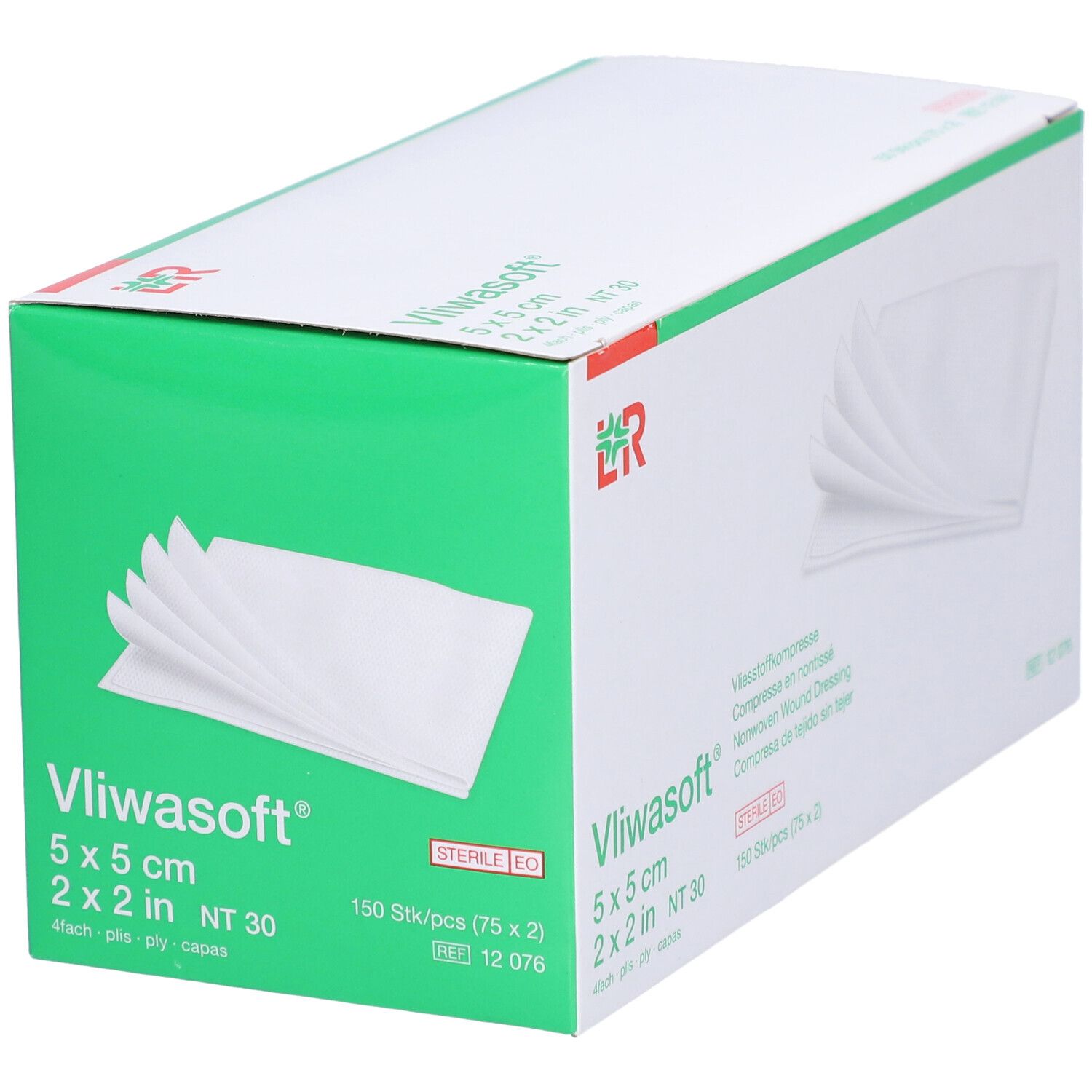 Boîte de compresses Vliwasoft. Compresses blanches visibles. Dimensions : 5x5 cm. Emballage avec détails verts.