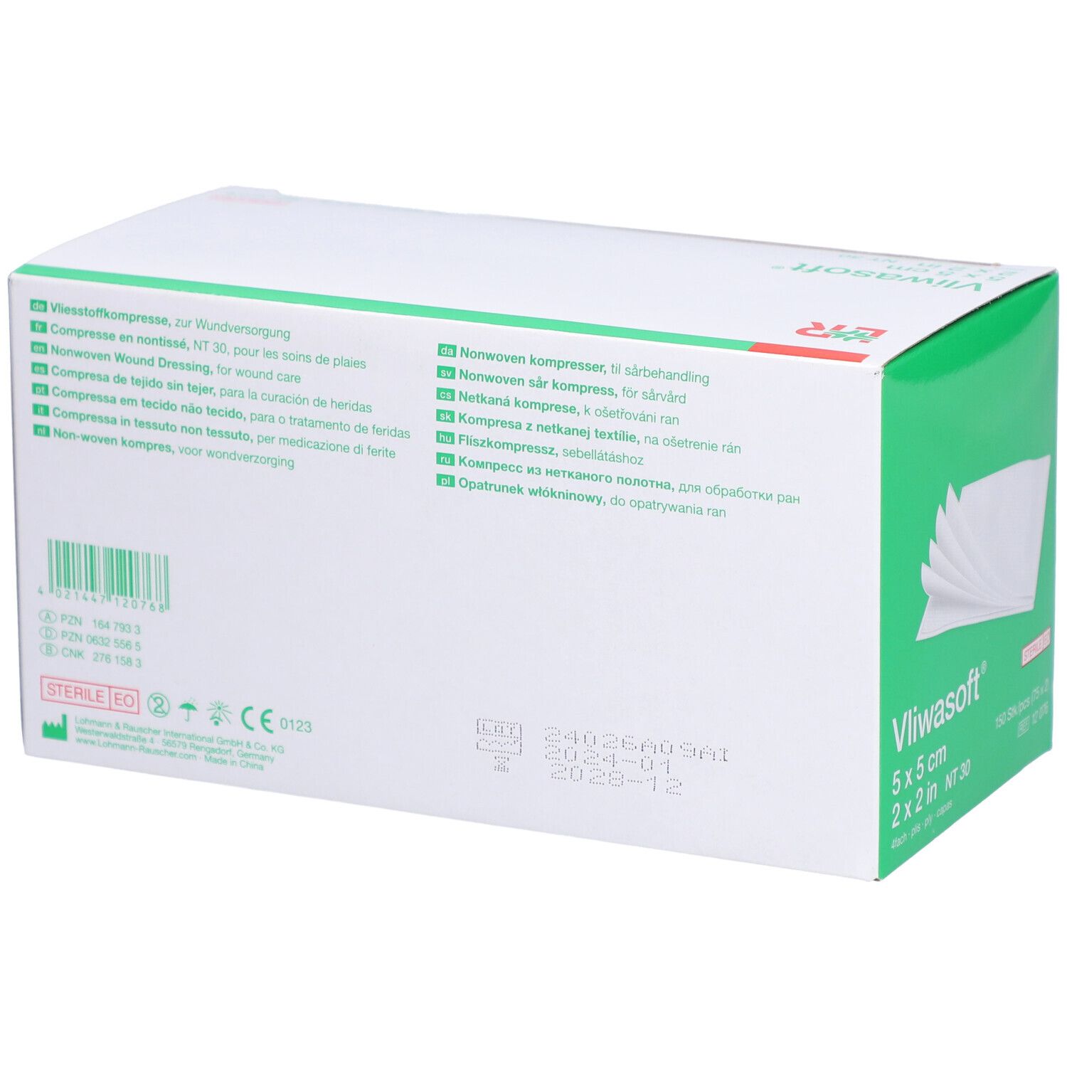 Dos de la boîte de compresses Vliwasoft. Texte multilingue. Date de péremption et numéro de lot.