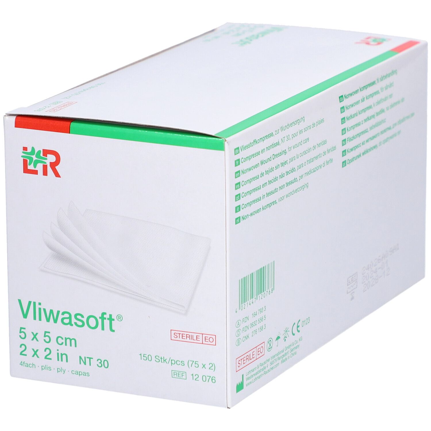 Boîte de compresses Vliwasoft. Compresses blanches visibles. Dimensions : 5x5 cm. Emballage avec détails verts.