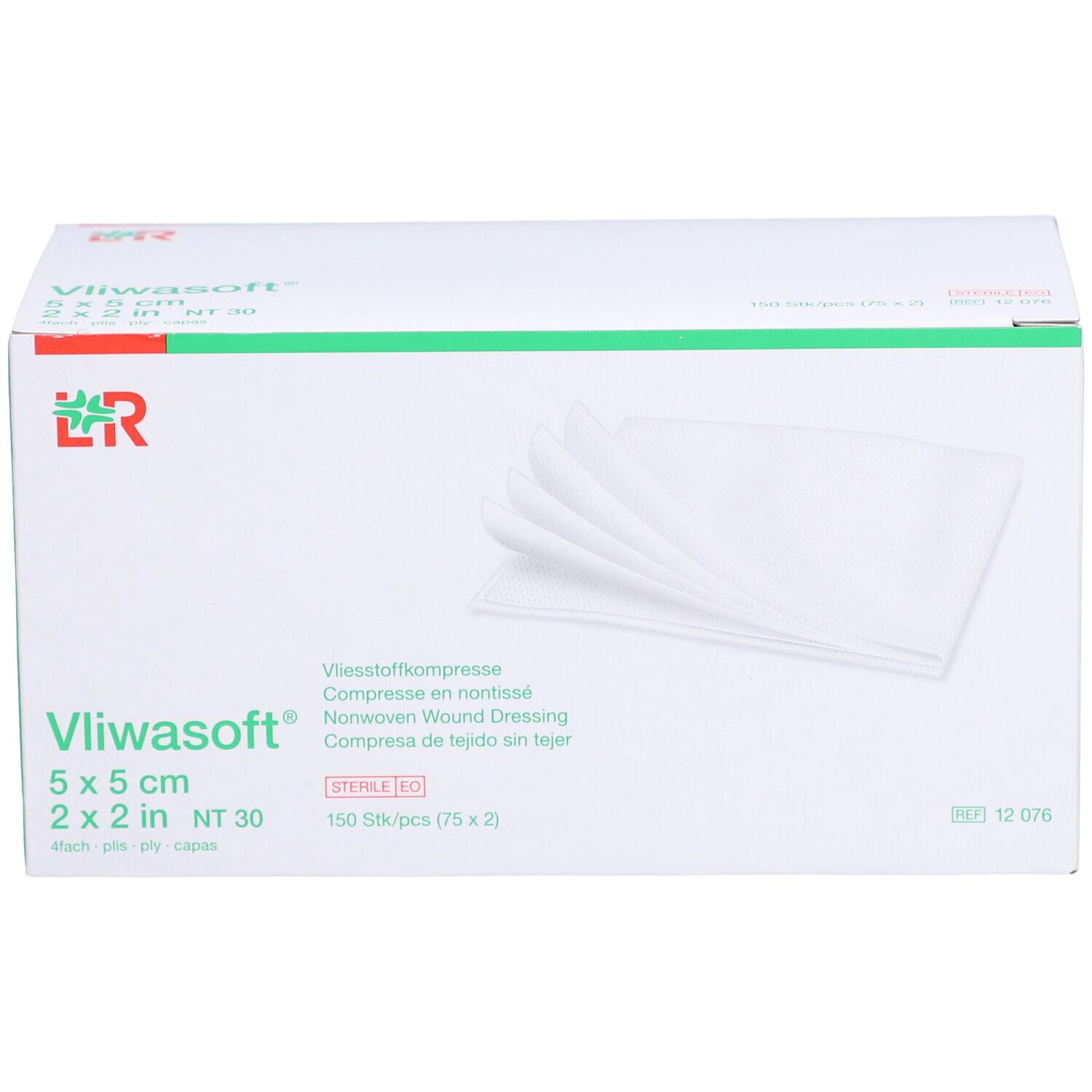 Boîte de compresses Vliwasoft. Compresses blanches visibles. Dimensions : 5x5 cm. Emballage avec détails verts.