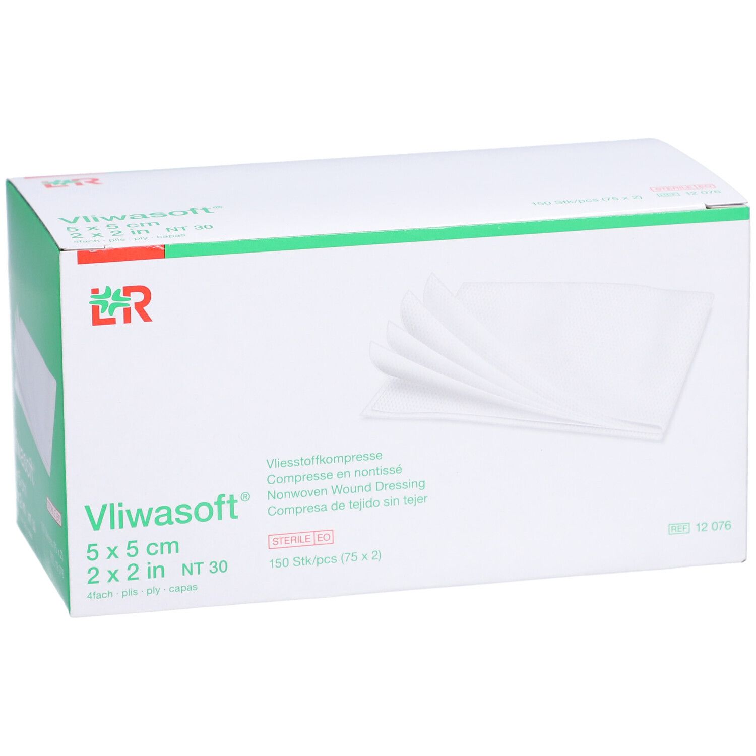 Boîte de compresses Vliwasoft. Compresses blanches visibles. Dimensions : 5x5 cm. Emballage avec détails verts.