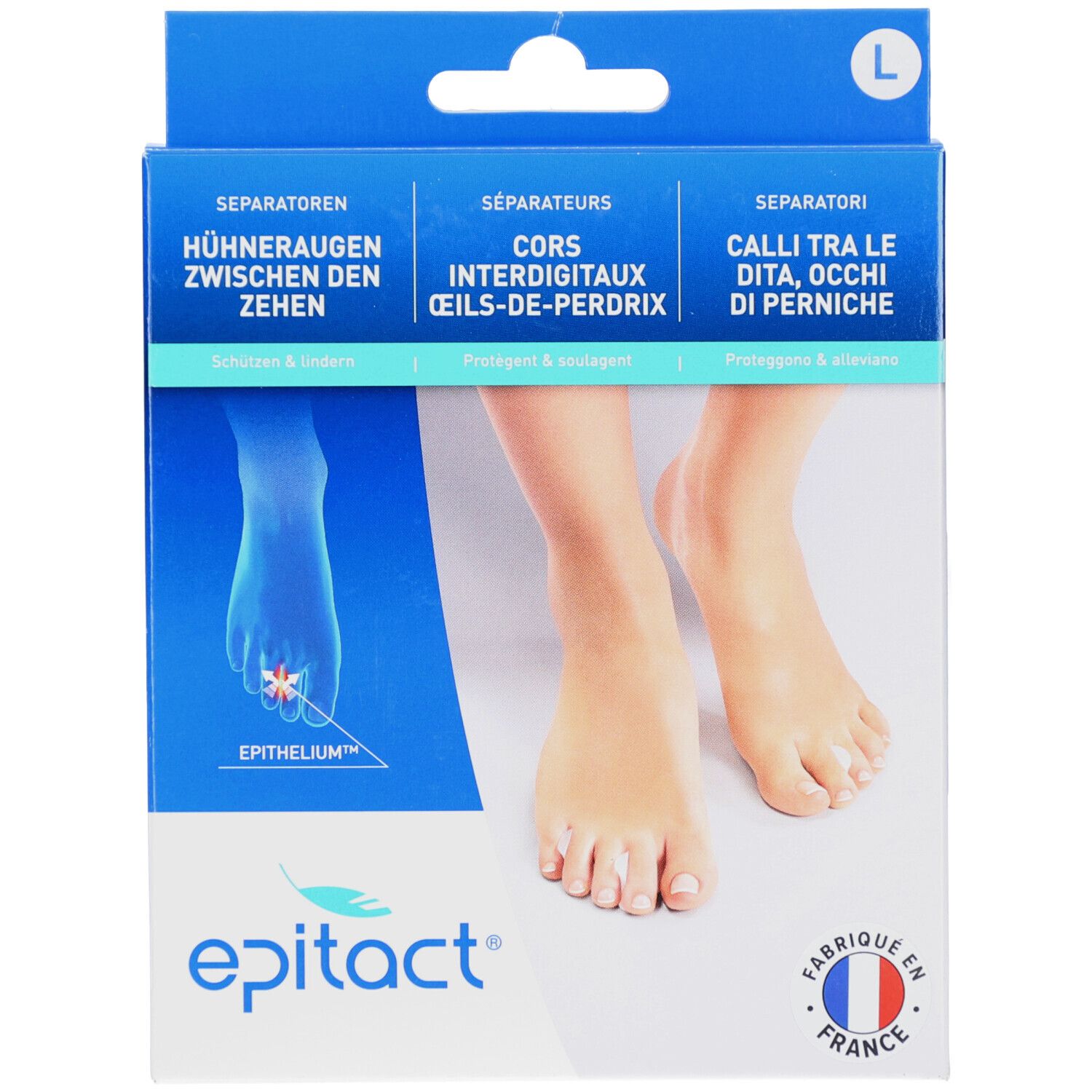 Verpackung mit Epitact Zehenrichter L. Blaue und weiße Schachtel mit Produktabbildung und französischem Flaggen-Logo.