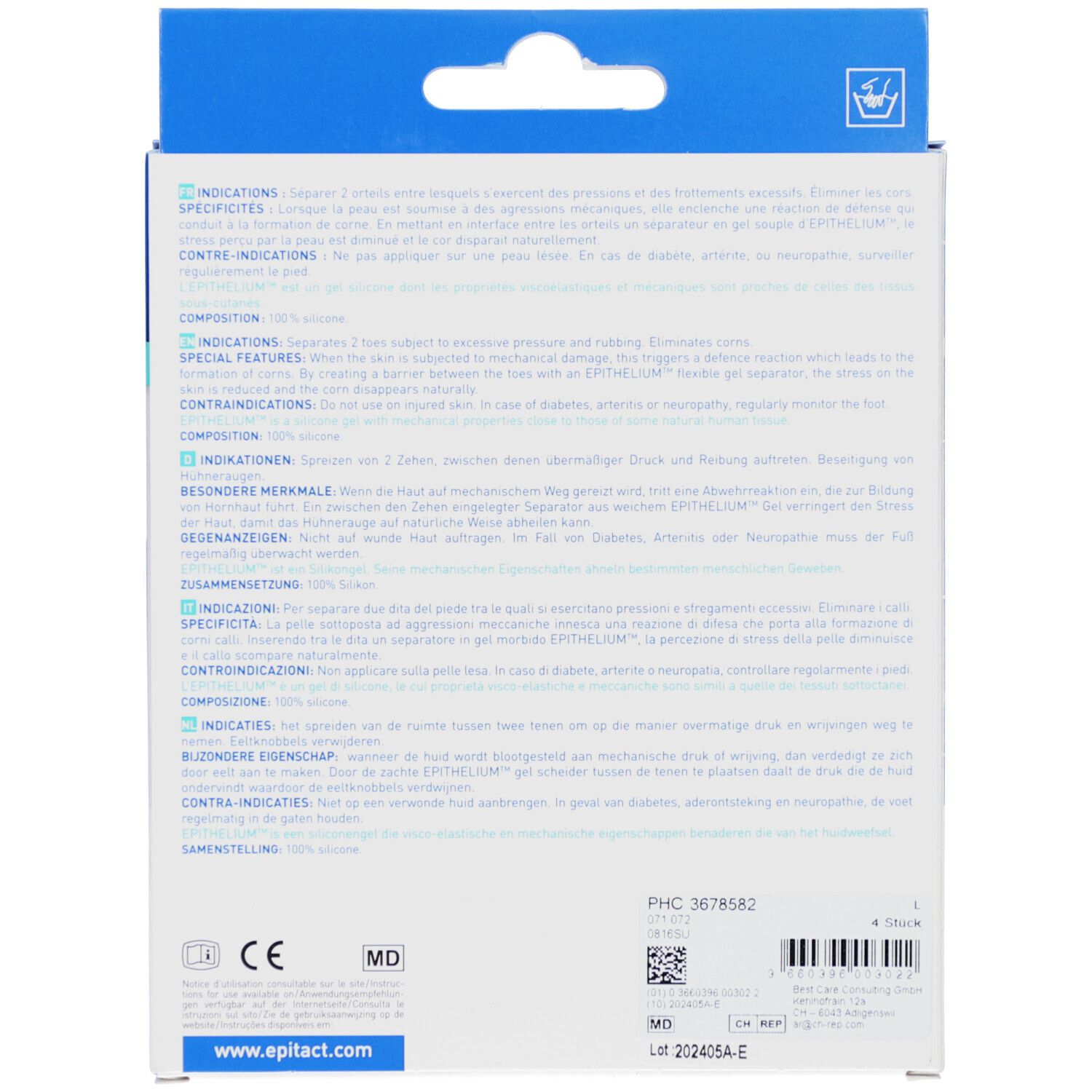 Rückseite der Epitact Zehenrichter L Verpackung. Text in Deutsch, Französisch, Italienisch und Niederländisch. CE-Kennzeichnung.