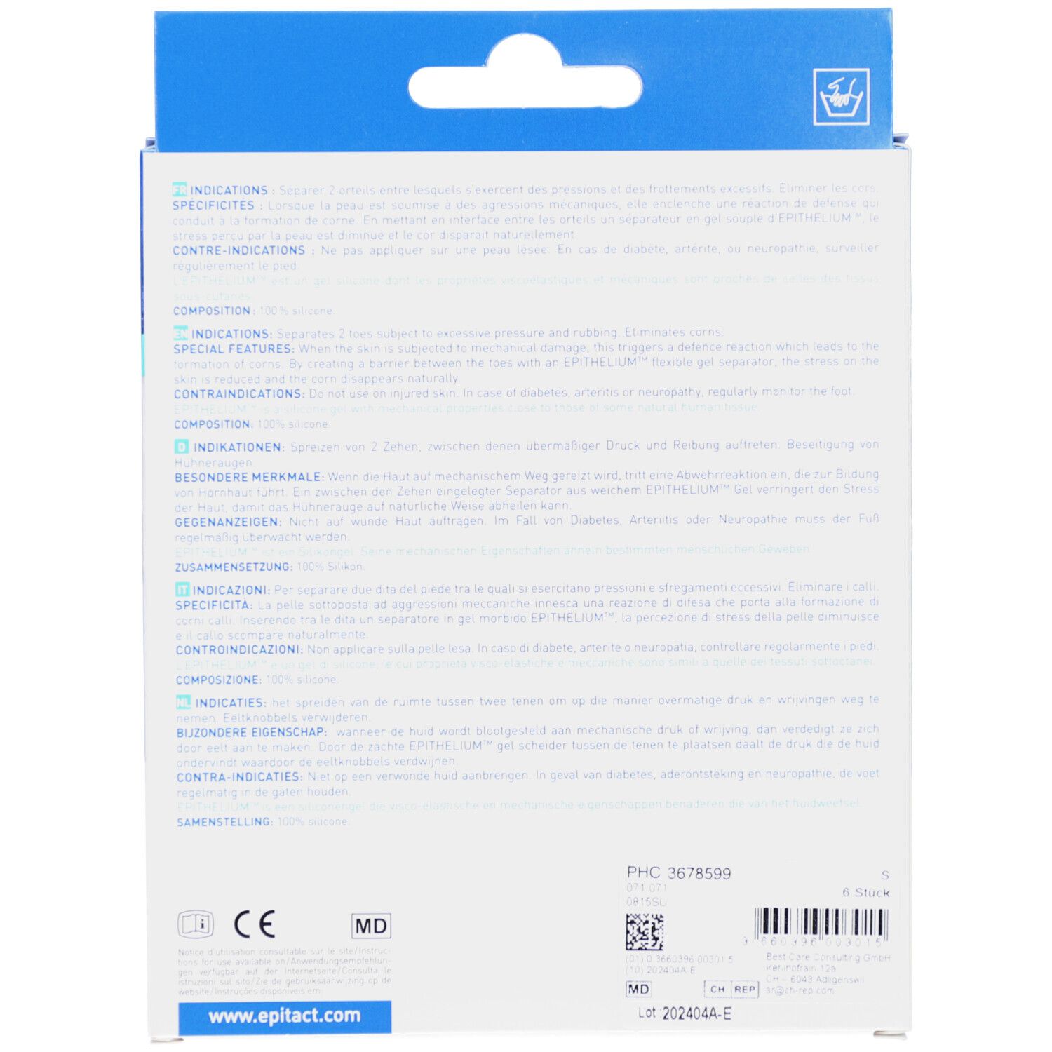 Rückseite der Verpackung mit Text. Enthält Informationen zu Indikationen, Zusammensetzung und Kontraindikationen.