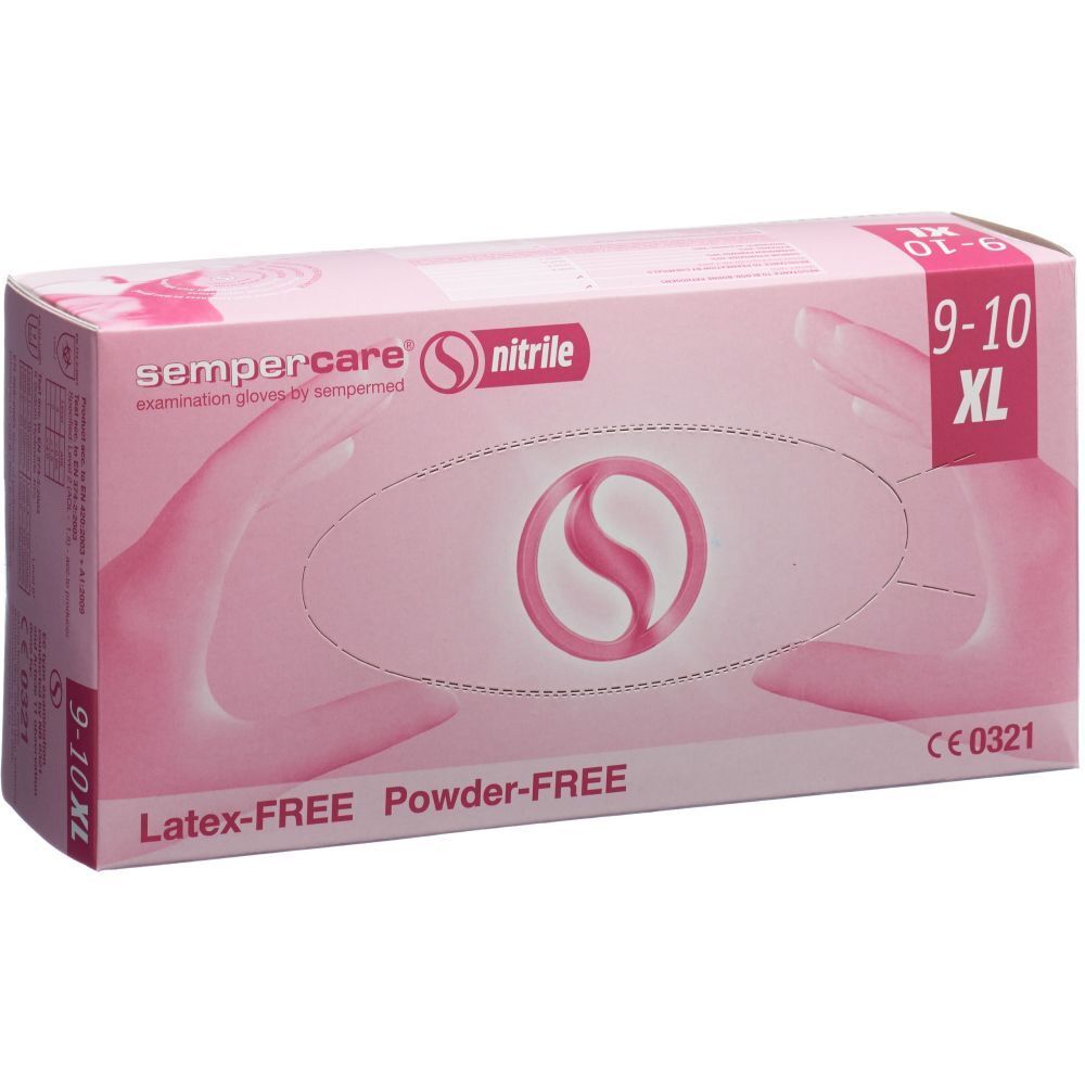 Rosa Verpackung mit Handschuhen. Aufschrift: sempercare nitrile, XL, 9-10. Latex- und puderfrei.