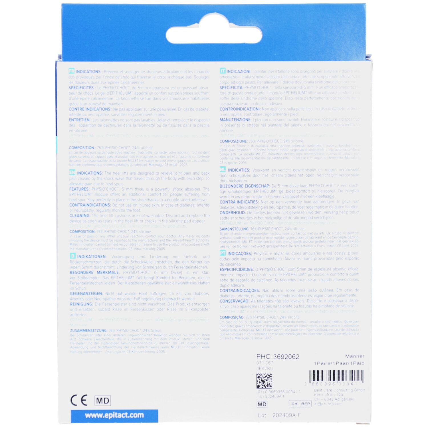 Rückseite der Verpackung mit Text in mehreren Sprachen. CE-Kennzeichnung und Epitact-Logo unten.