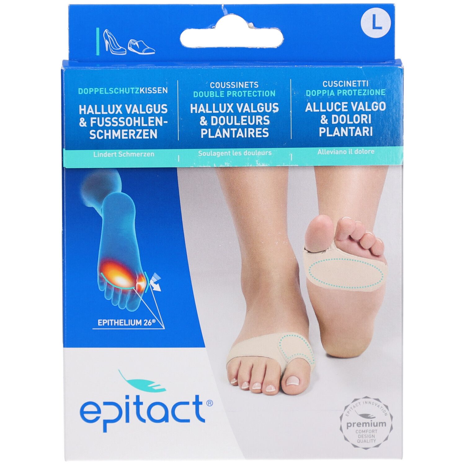 Verpackung mit Produktabbildung. Zeigt ein Fußmodell mit Hallux Valgus und ein Produkt zur Doppel-Schutz. Größe L.