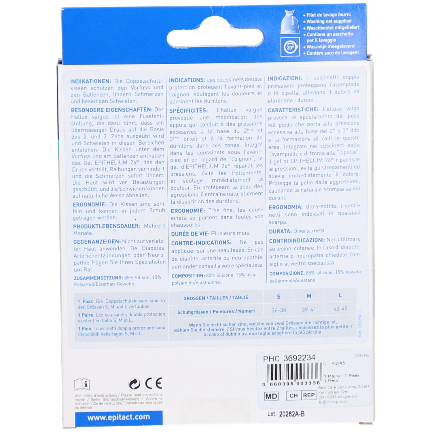 Rückseite der Verpackung. Enthält Informationen zu Indikationen, Eigenschaften, Ergonomie und Zusammensetzung.