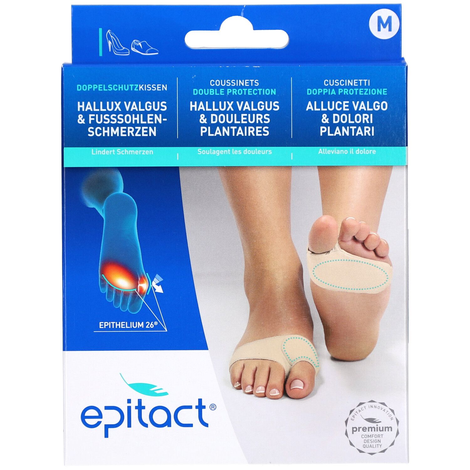 Emballage Epitact Fusskissen Doppelschutz. Pieds avec produit, illustrations et nom du produit. Taille M.