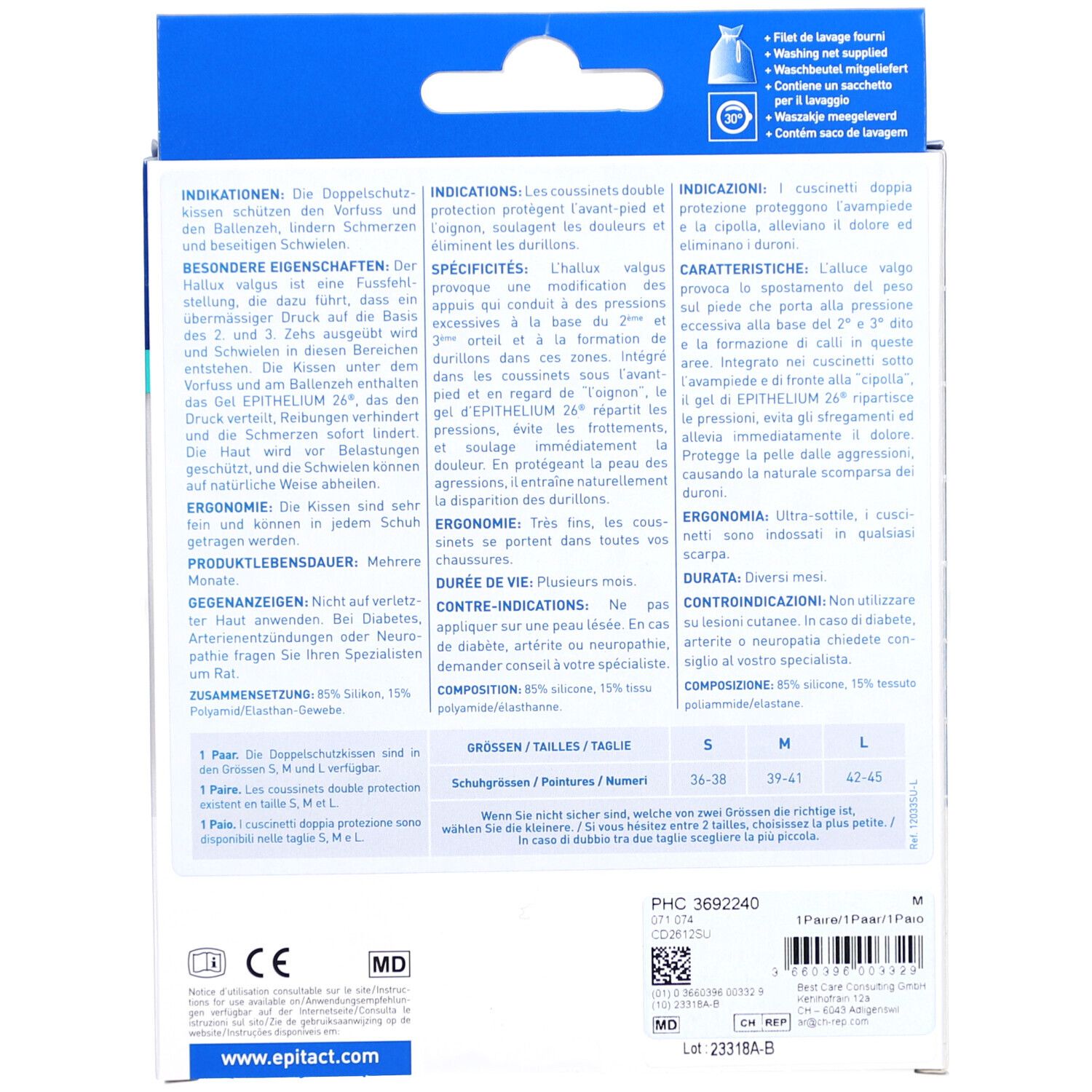 Dos de l'emballage avec informations produit, tailles et fabricant. Contient du texte.