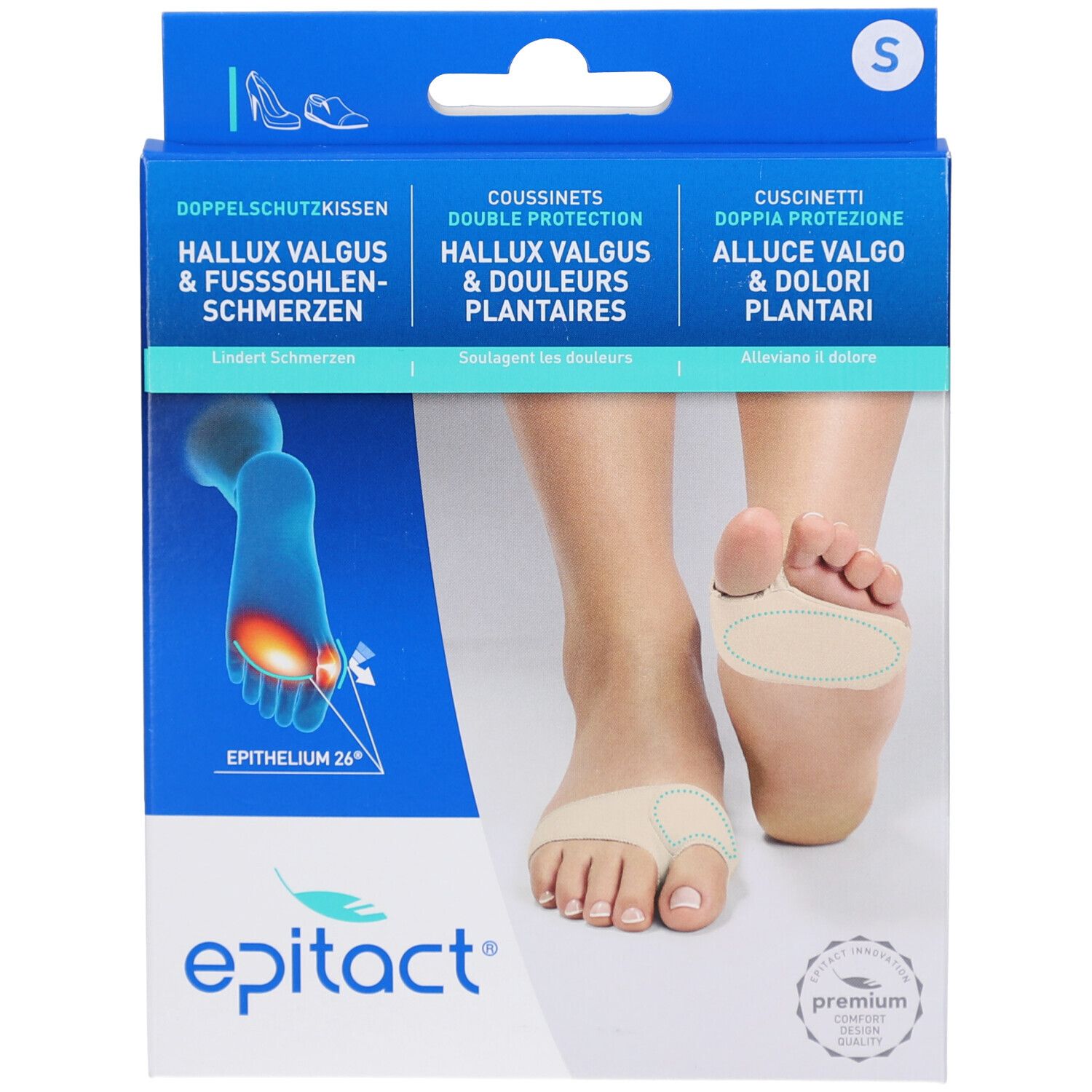 Verpackung mit Epitact-Fußpolstern. Doppelter Schutz für Hallux Valgus und Plantarschmerzen. Beige Polster, Fußabbildung.
