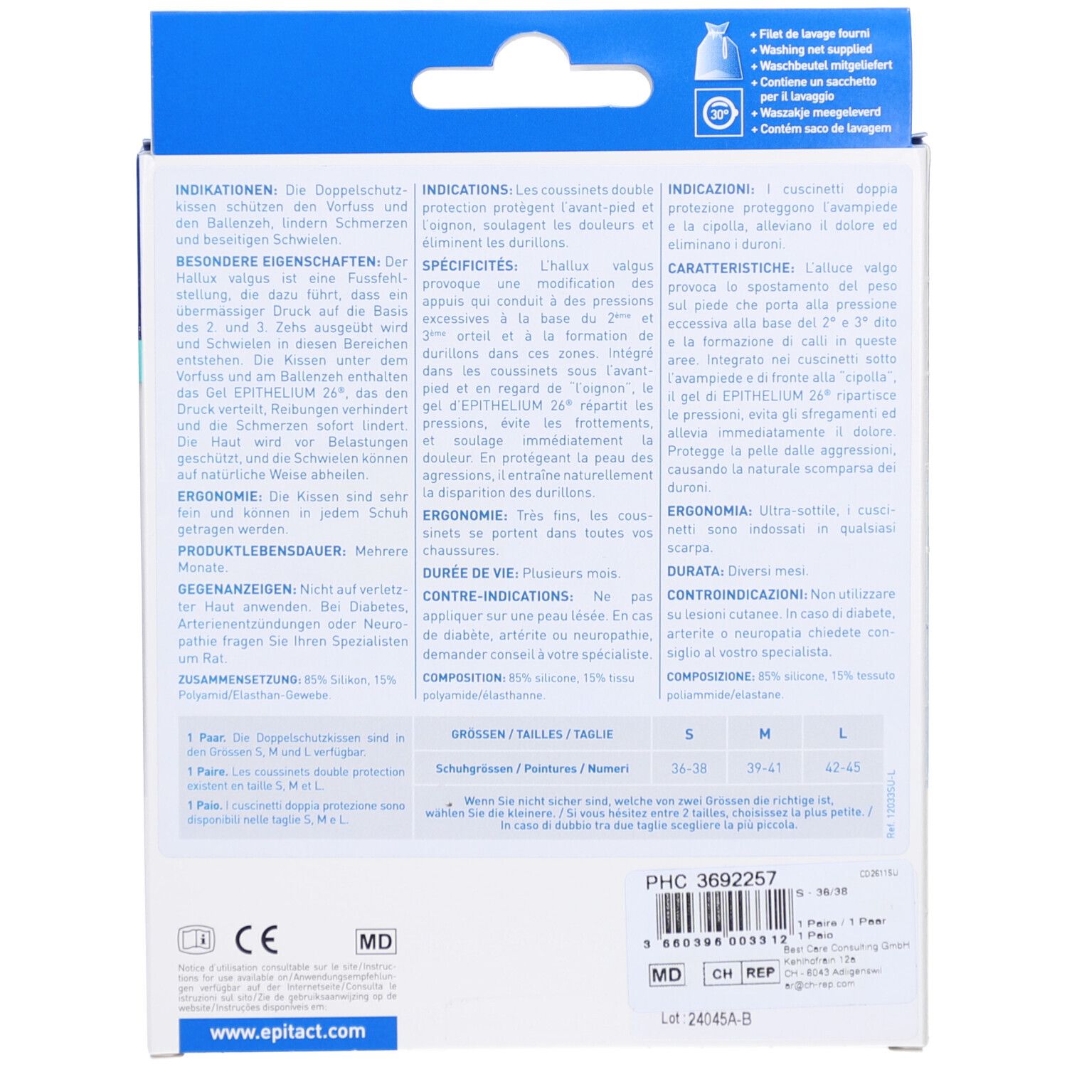 Rückseite der Verpackung. Text in Deutsch, Französisch und Italienisch. Größenangaben S, M, L. Epitact-Logo.
