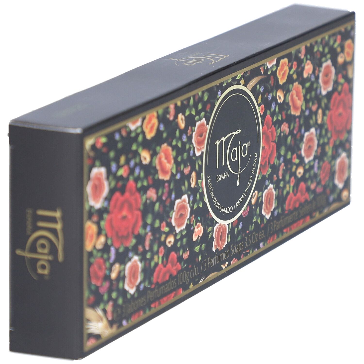 Schwarze Schachtel mit Blumenmuster und Logo. Marke: Maja. Perspektivische Ansicht.