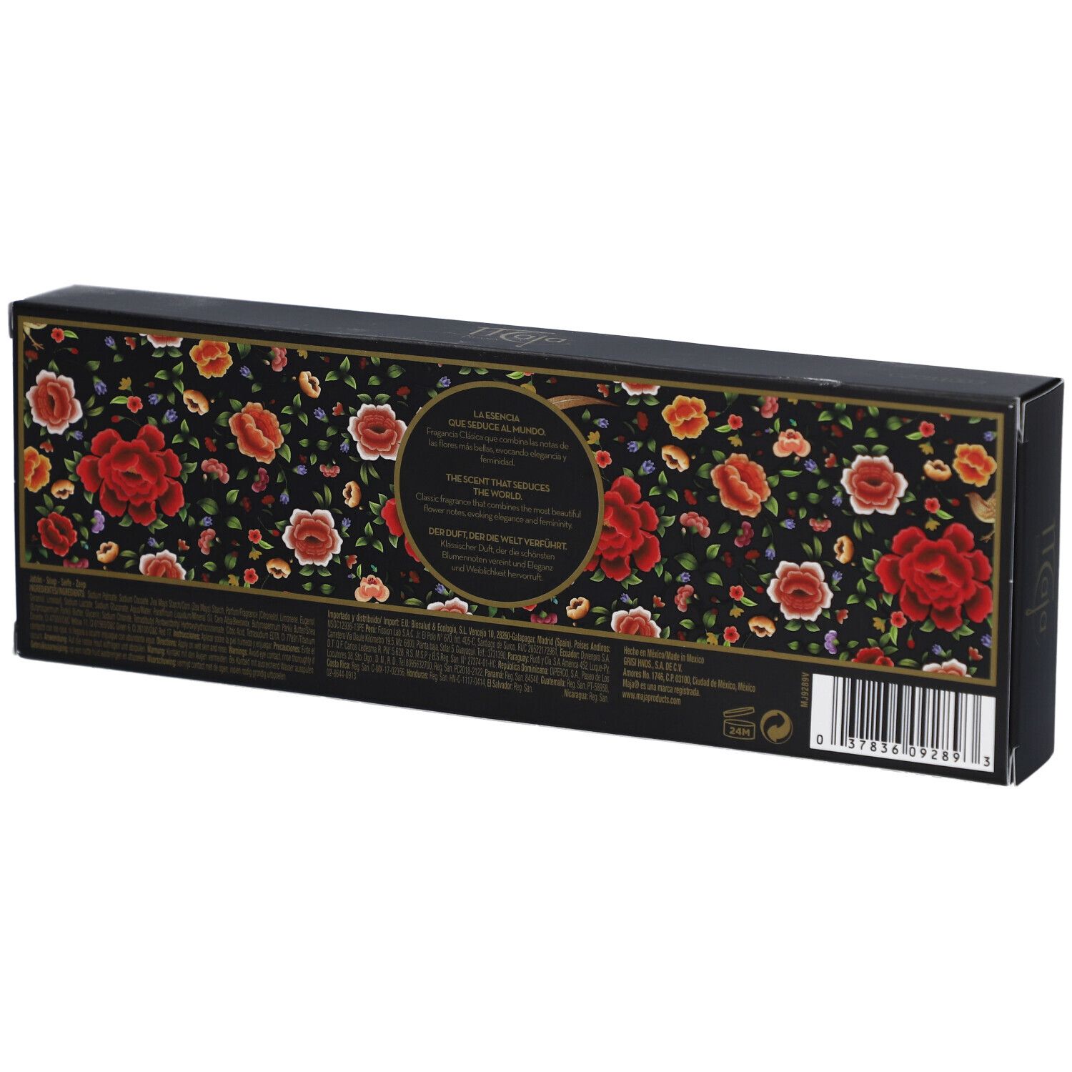 Rückseite einer schwarzen Schachtel mit Blumenmuster. Text und Barcode.