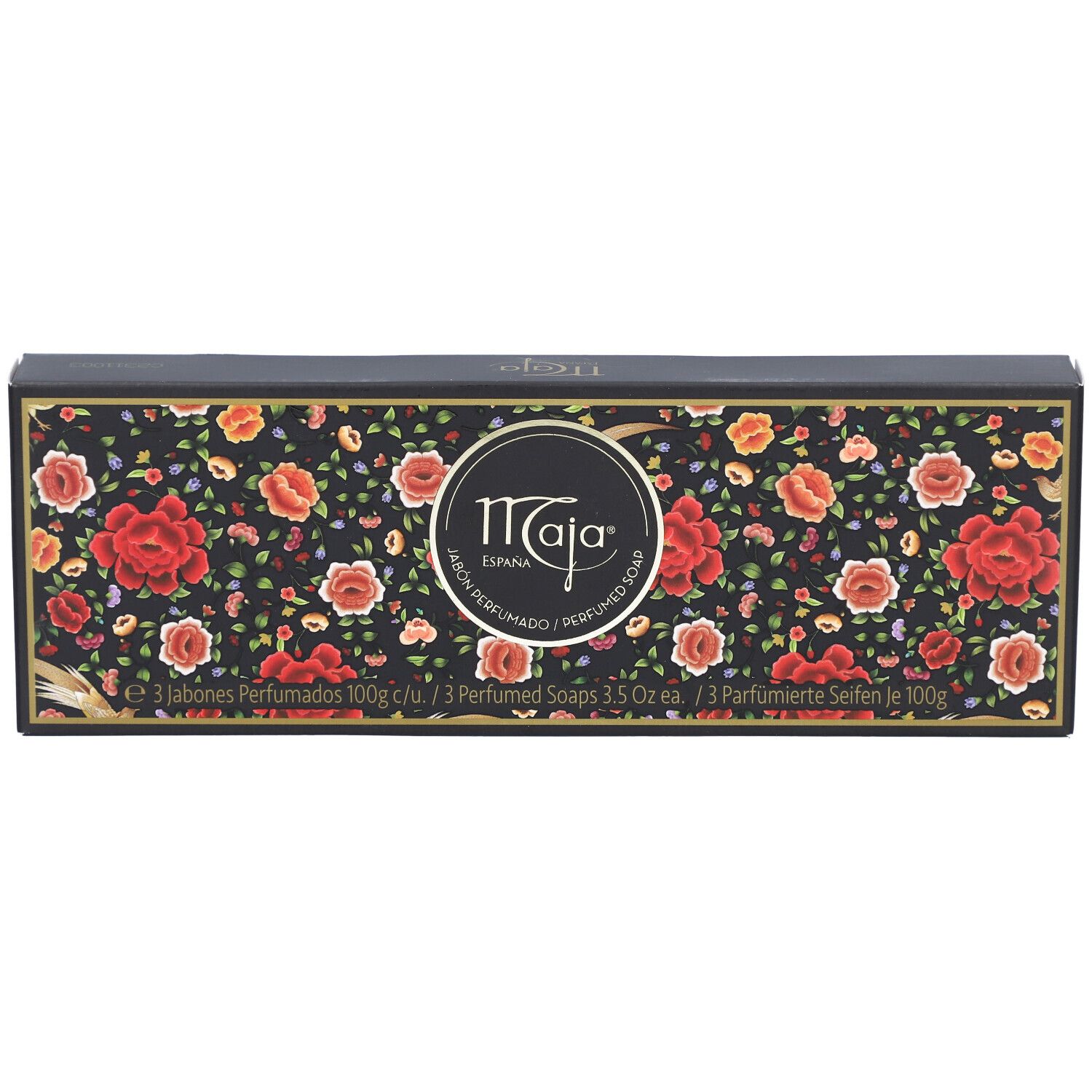 Schwarze Schachtel mit Blumenmuster und Logo. Text: "3 Jabones Perfumados". Marke: Maja.