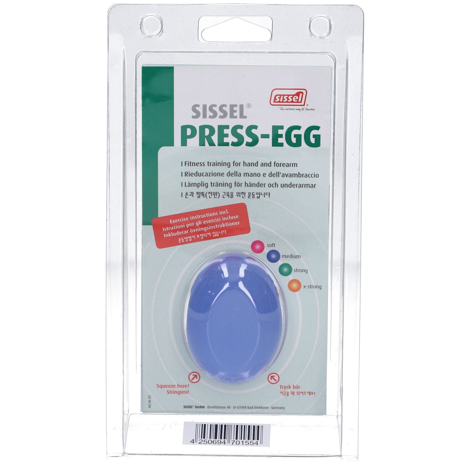 Appareil d'entraînement ovale bleu dans un emballage blister. Inscription : Sissel Press-Egg, avec niveaux de dureté. Instructions incluses.